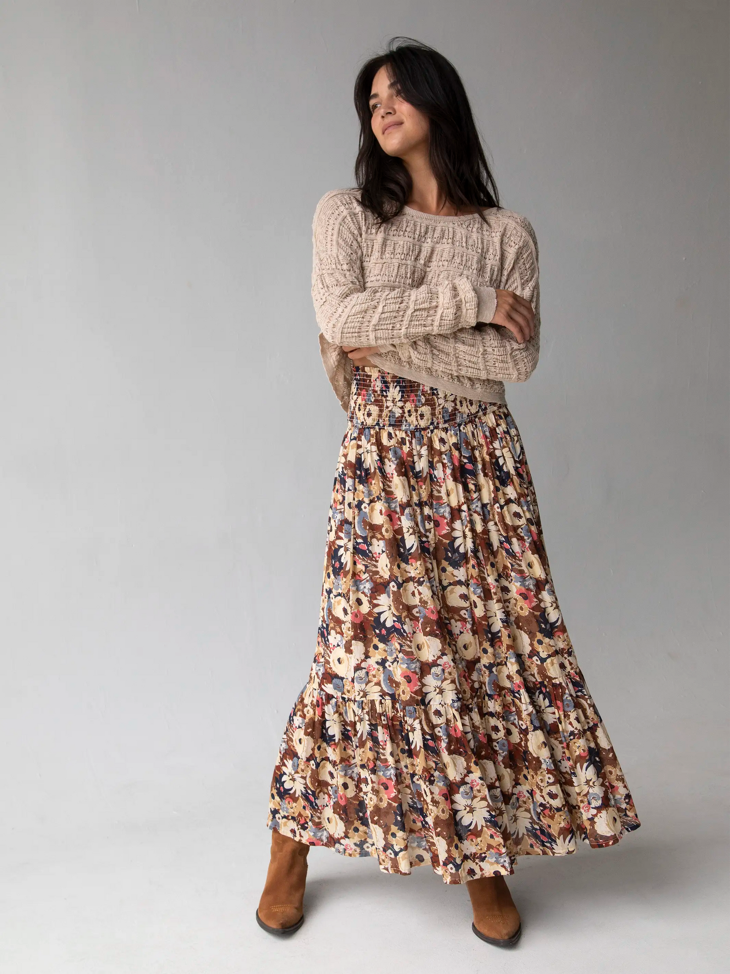 Flora Convertible Maxi Skirt - Brown Navy Floral Cotton