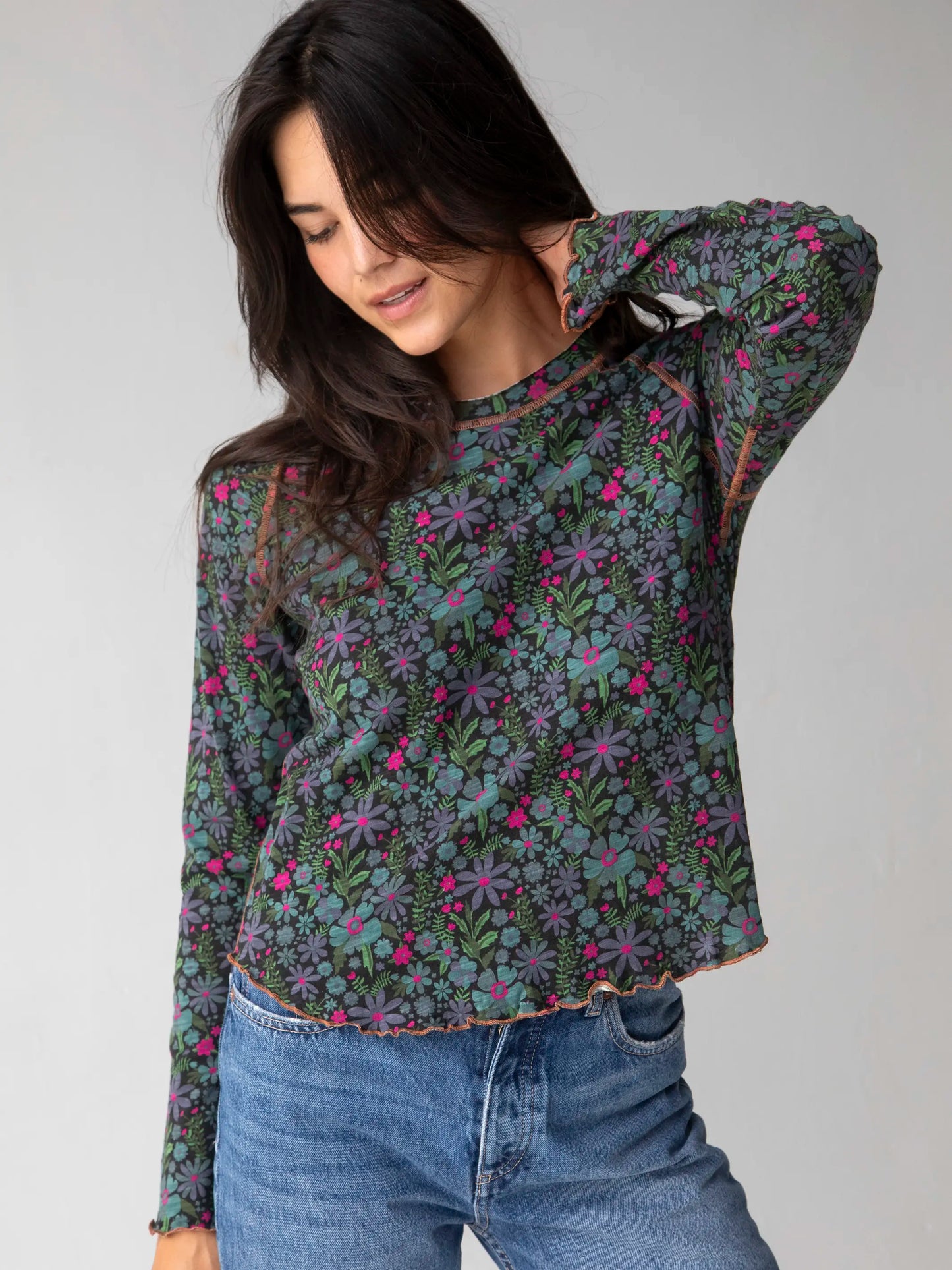 Lily Cotton Long Sleeve Tee Shirt - Dark Blue Garden
