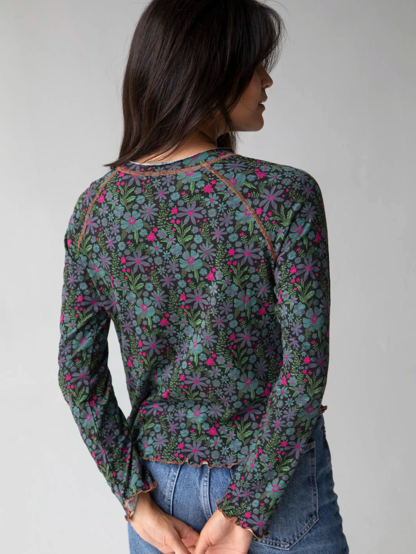 Lily Cotton Long Sleeve Tee Shirt - Dark Blue Garden