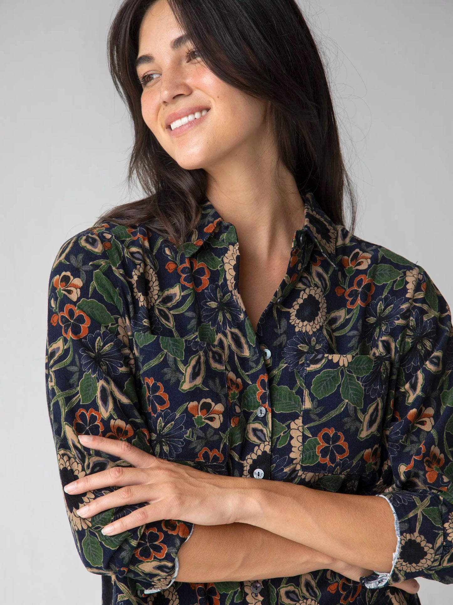 Rocky Corduroy Dress - Navy Tan Dahlias