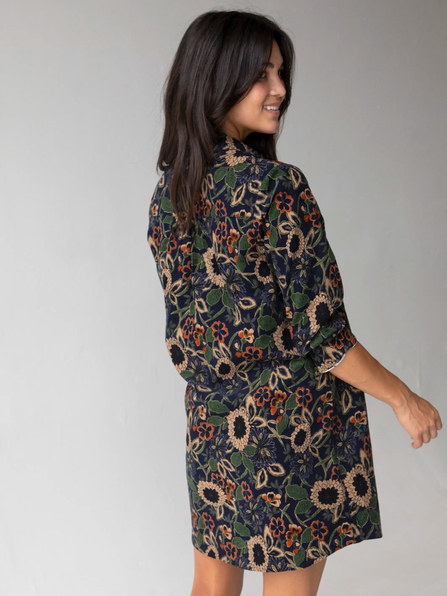 Rocky Corduroy Dress - Navy Tan Dahlias