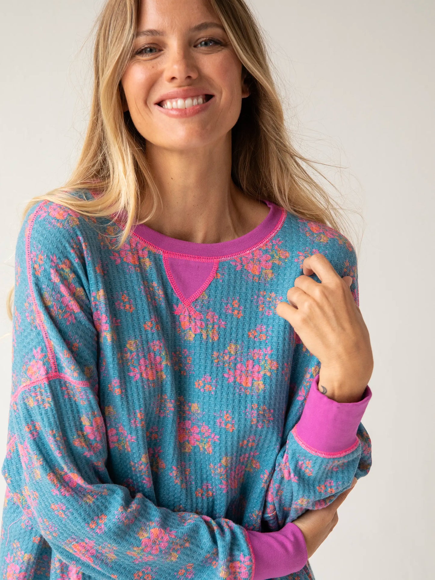 Mix & Match Waffle Pajama Top - Turquoise Floral Bouquets