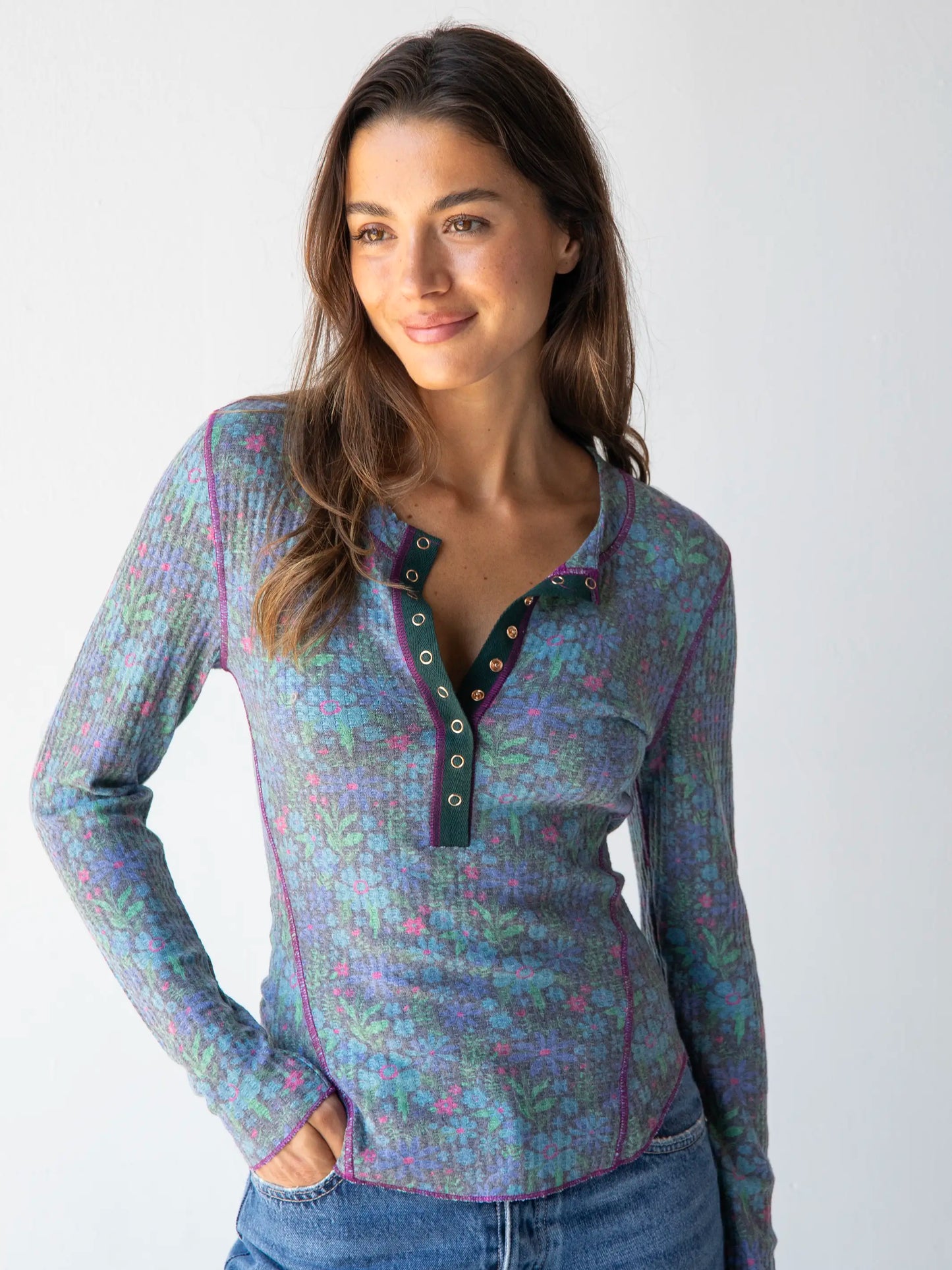 Reagan Thermal Henley - Dark Blue Garden
