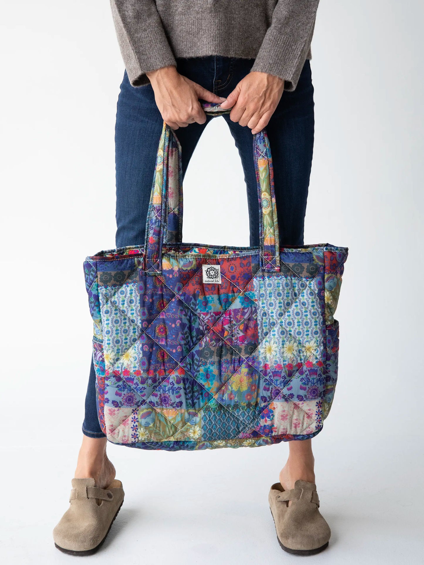 Reversible Puffy Tote Bag - Large Blue Patchwork