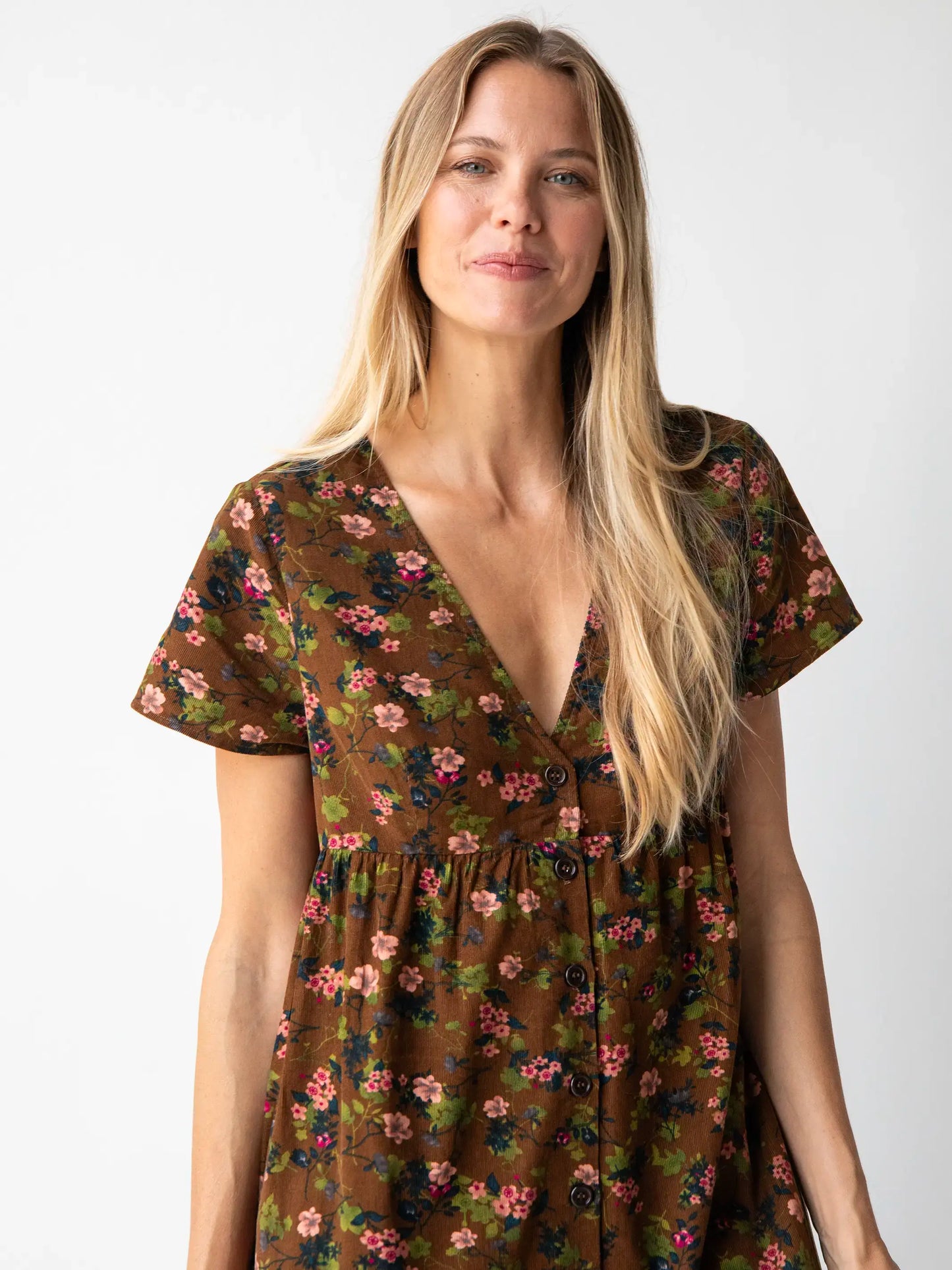 Avery Corduroy Midi Dress - Brown Floral Bouquets