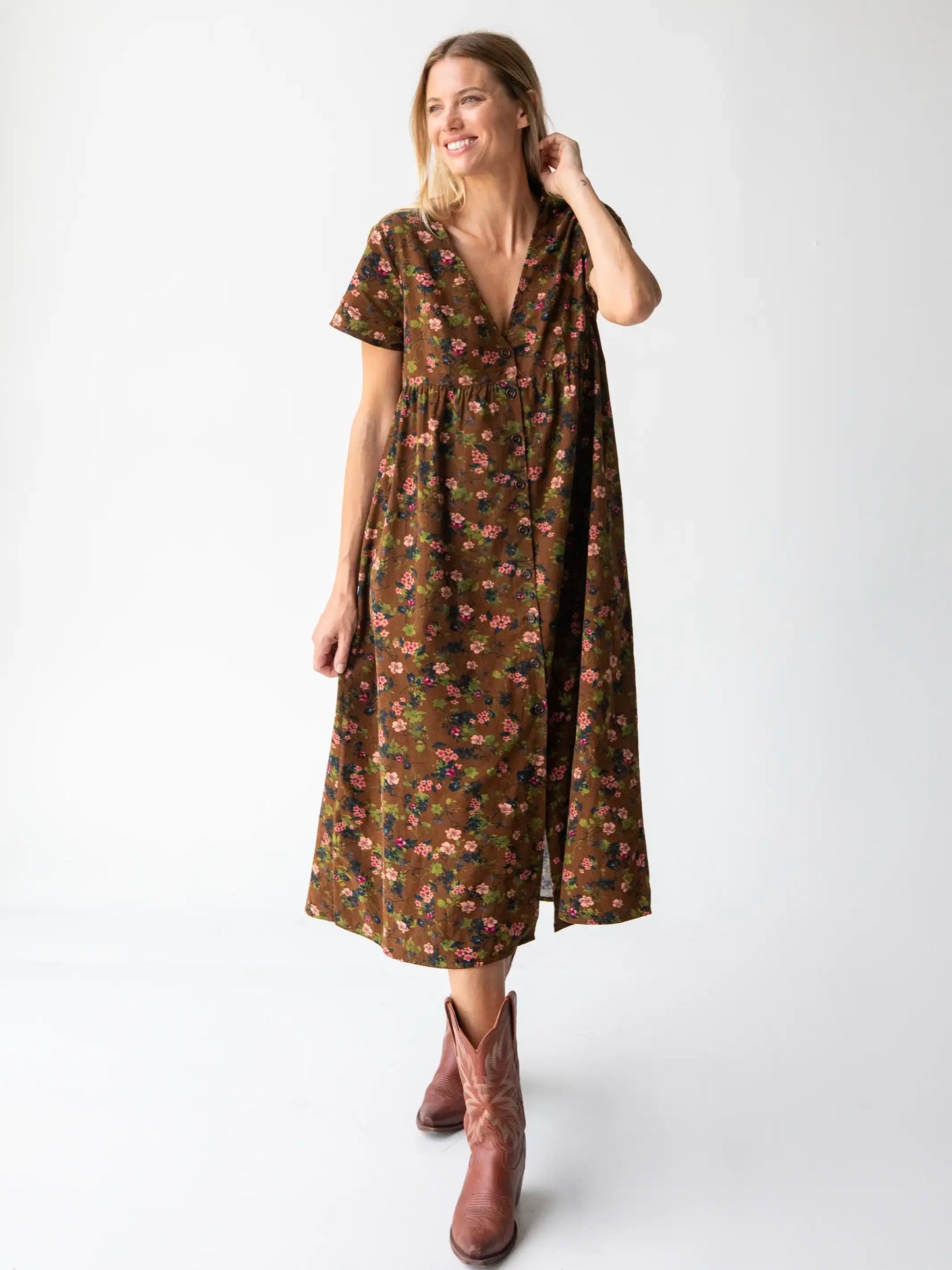 Avery Corduroy Midi Dress - Brown Floral Bouquets