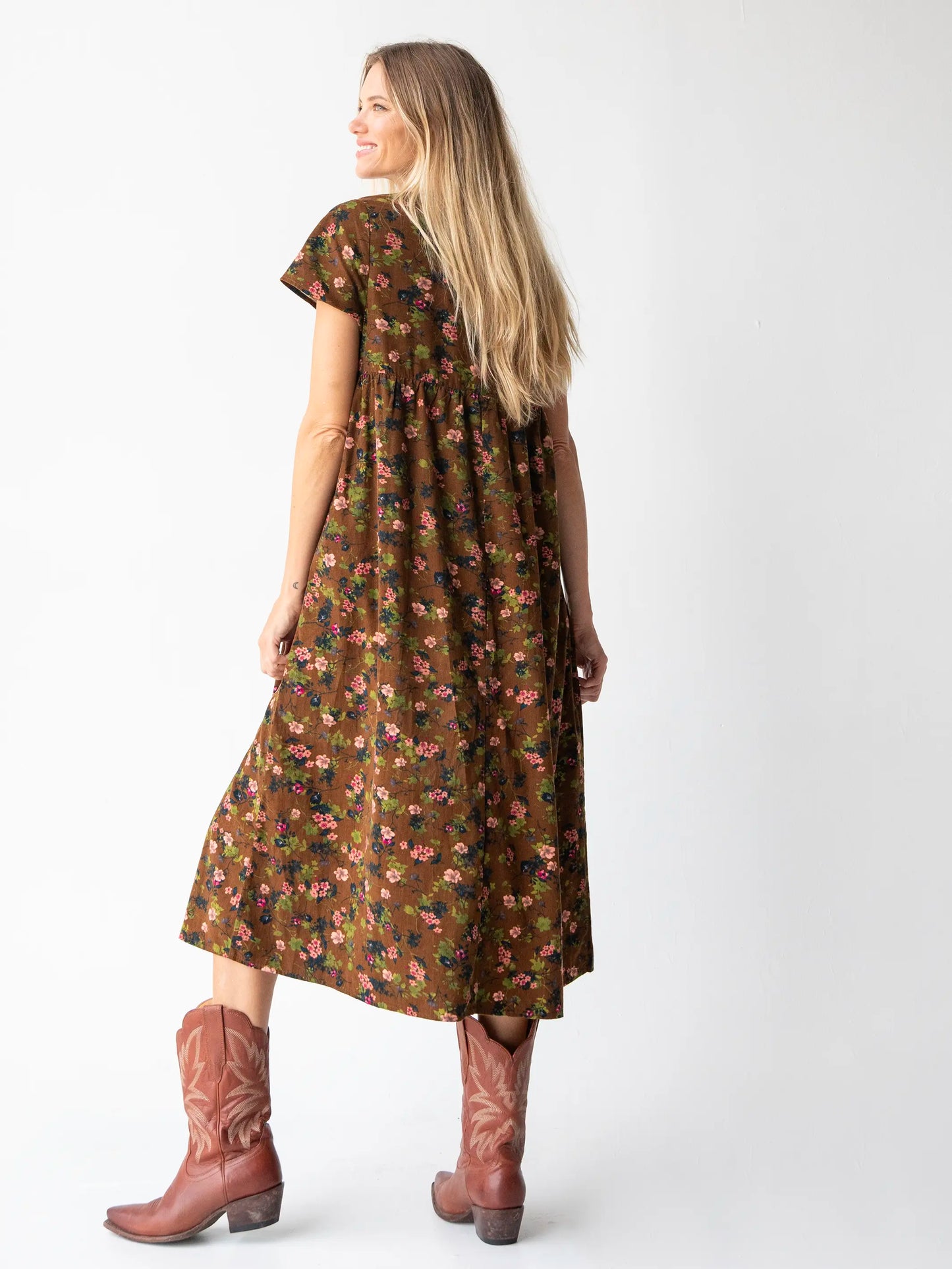 Avery Corduroy Midi Dress - Brown Floral Bouquets