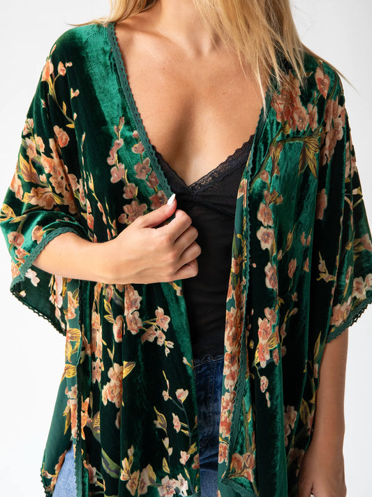 Velvet Burnout Kimono - Emerald Floral