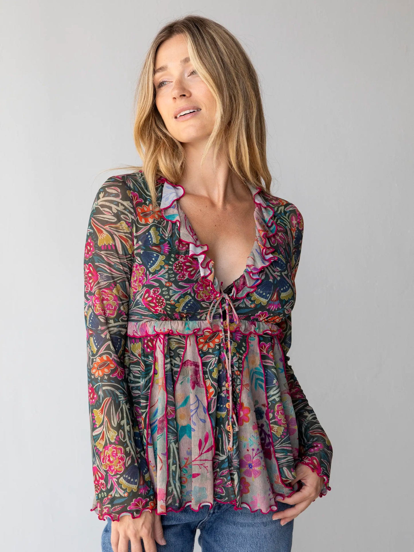 Sierra Ruffle Mesh Top - Green Painterly Vines