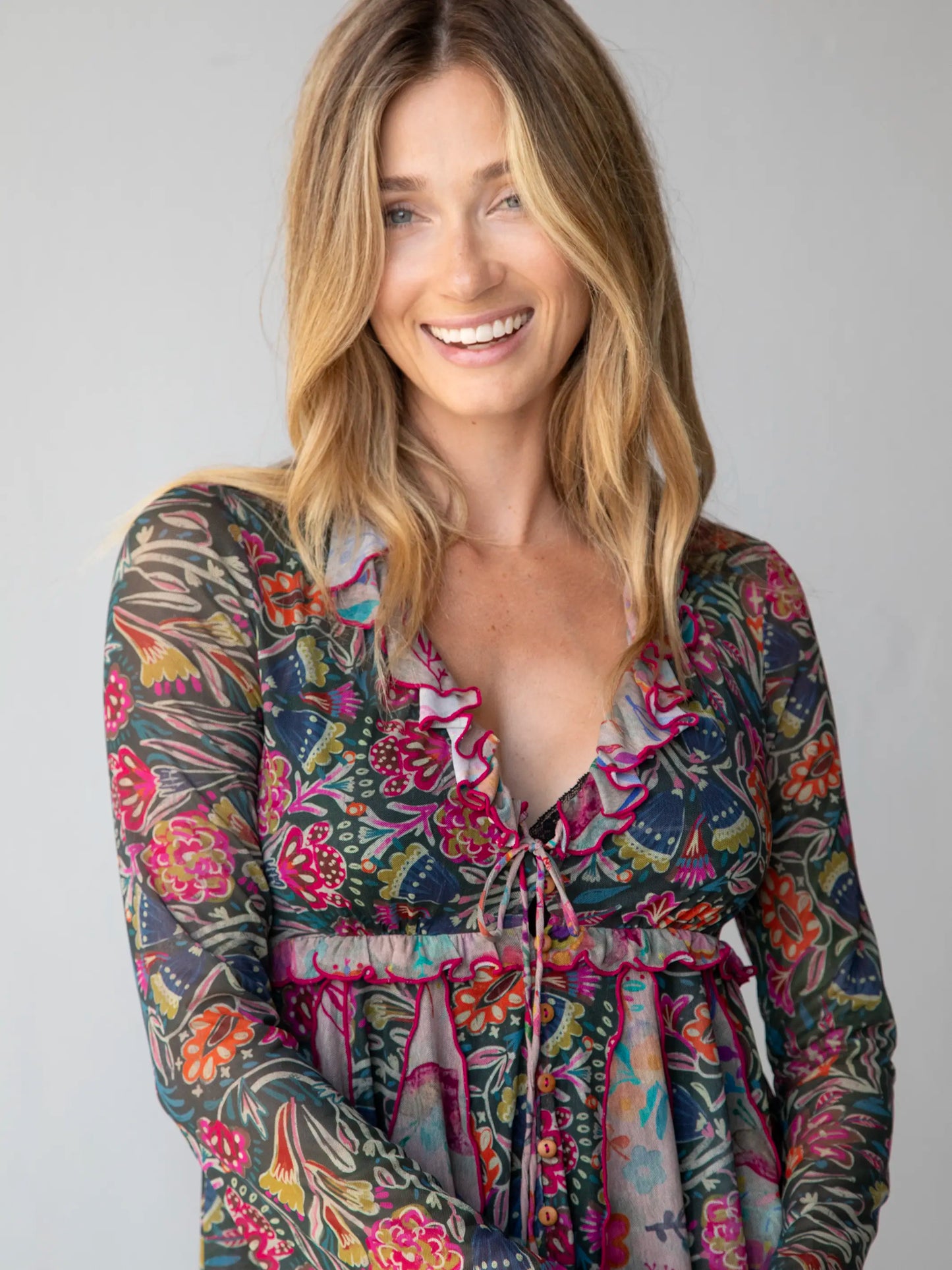 Sierra Ruffle Mesh Top - Green Painterly Vines