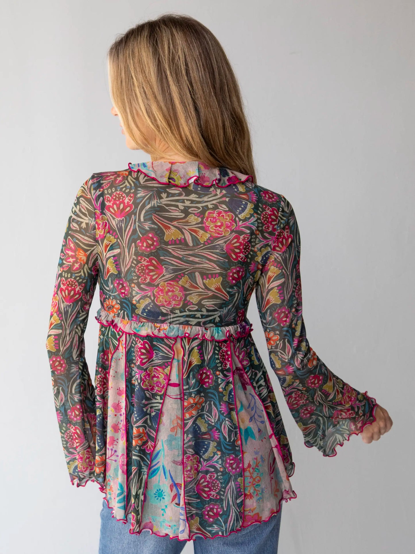 Sierra Ruffle Mesh Top - Green Painterly Vines