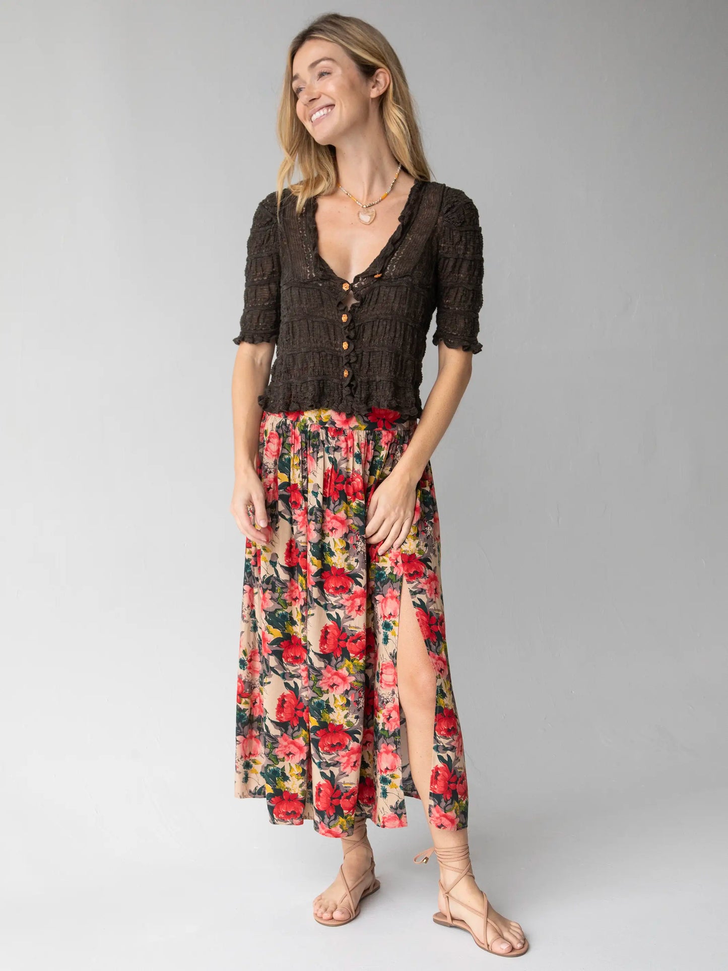 Juliet Short Sleeve Ruffle Sweater Top - Brown