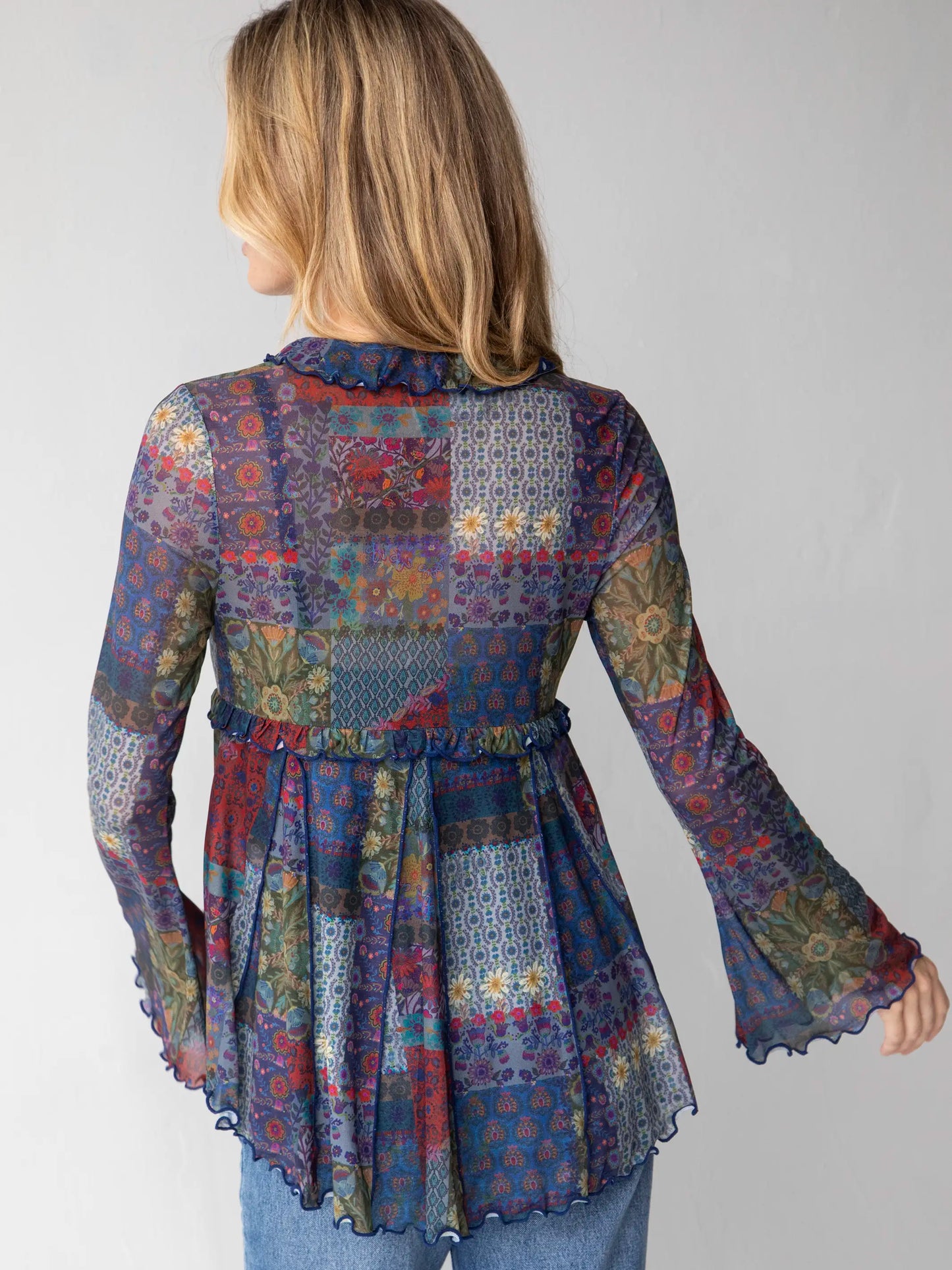 Sierra Ruffle Mesh Top - Blue Patchwork