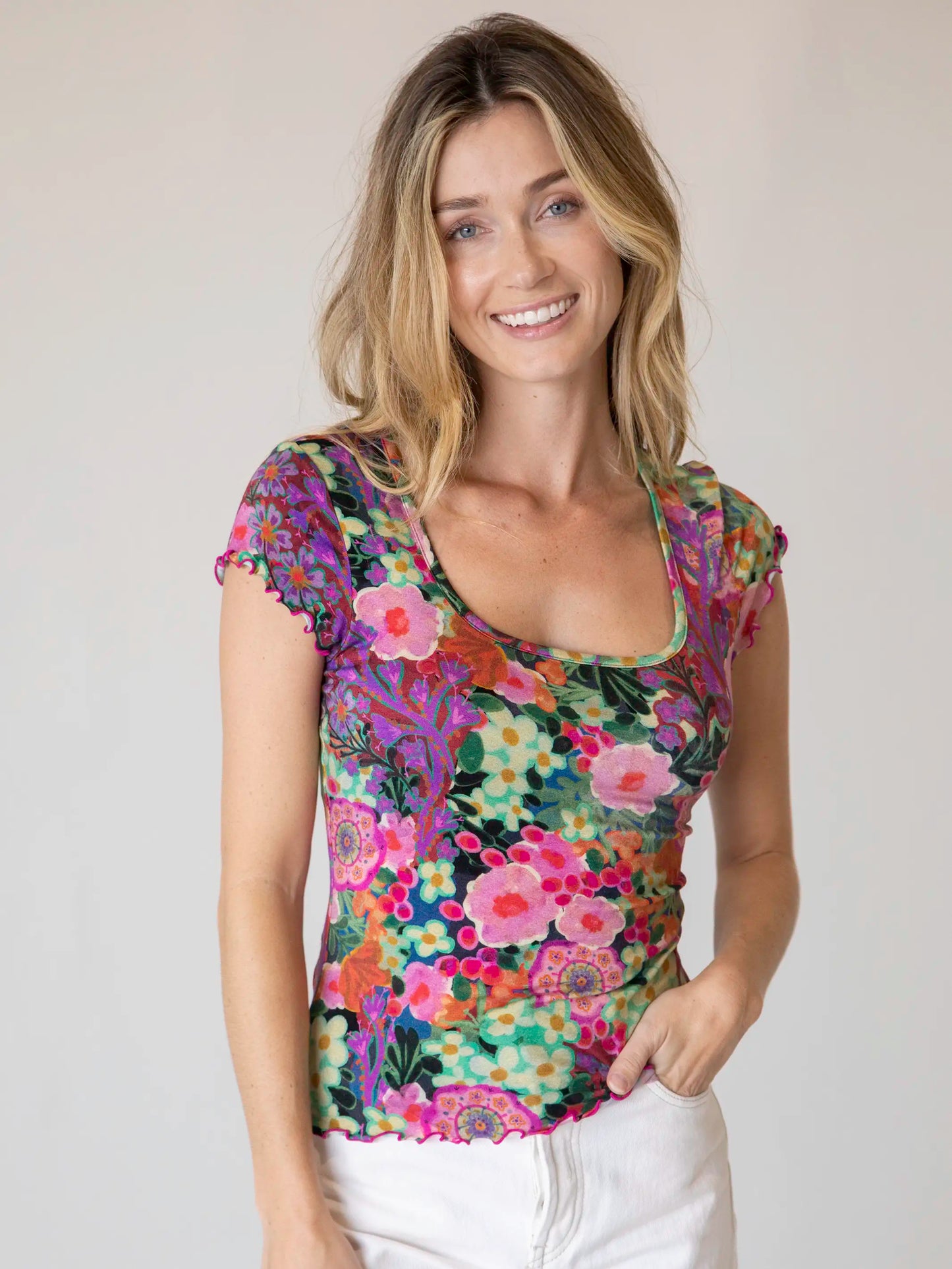 Devon "ButterSoft" Short Sleeve Top - Pink Painted Garden
