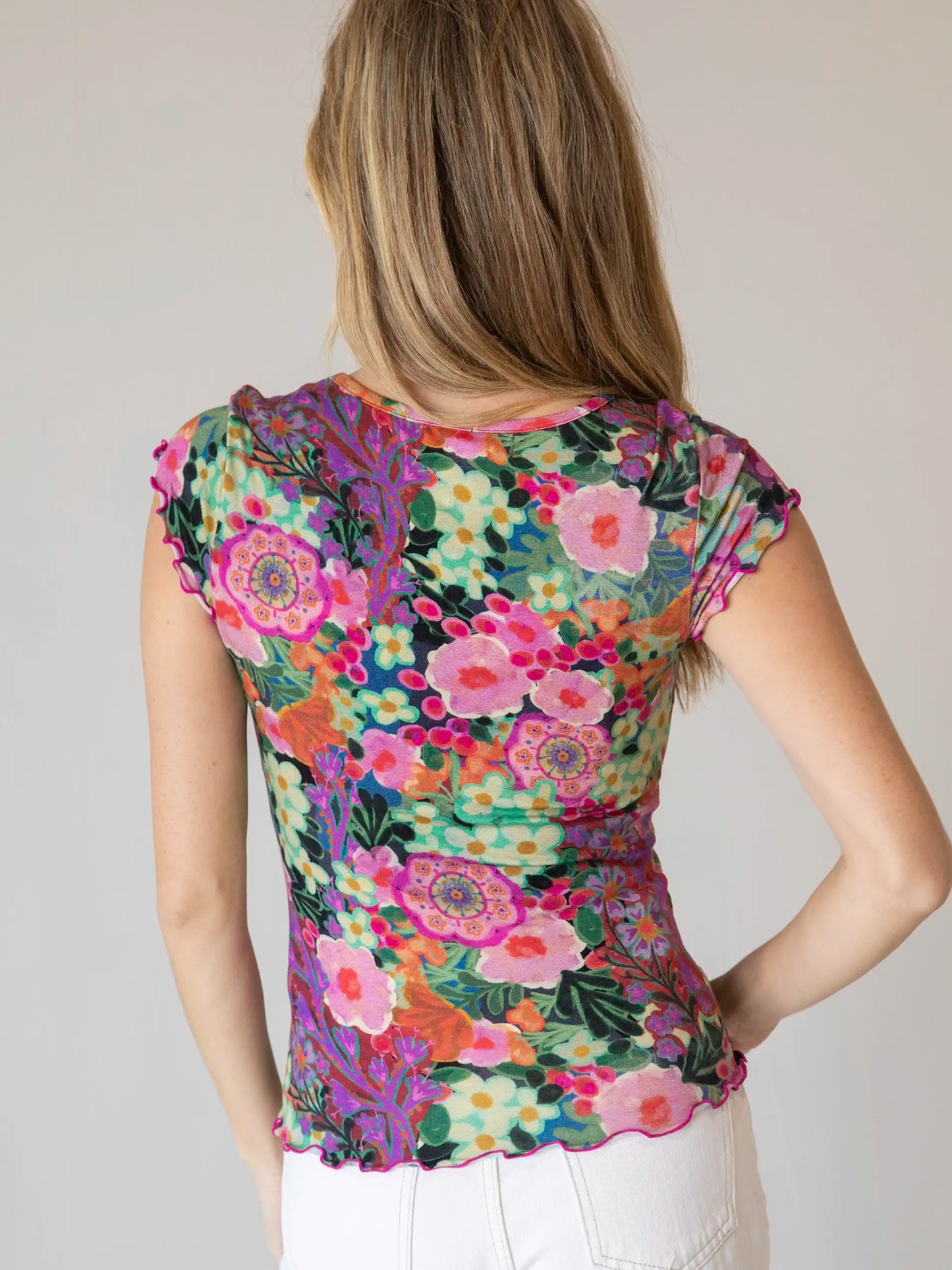 Devon "ButterSoft" Short Sleeve Top - Pink Painted Garden