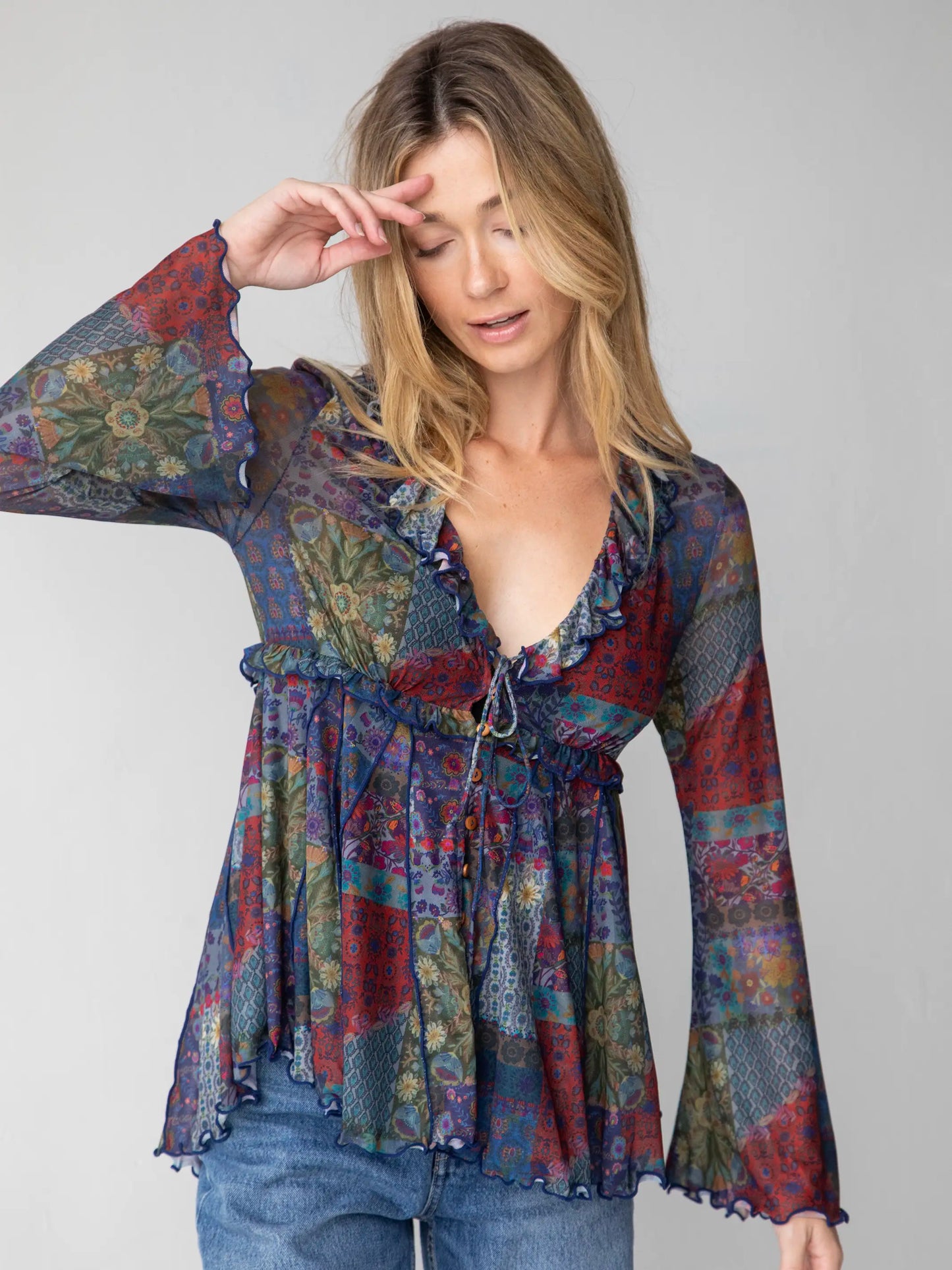 Sierra Ruffle Mesh Top - Blue Patchwork