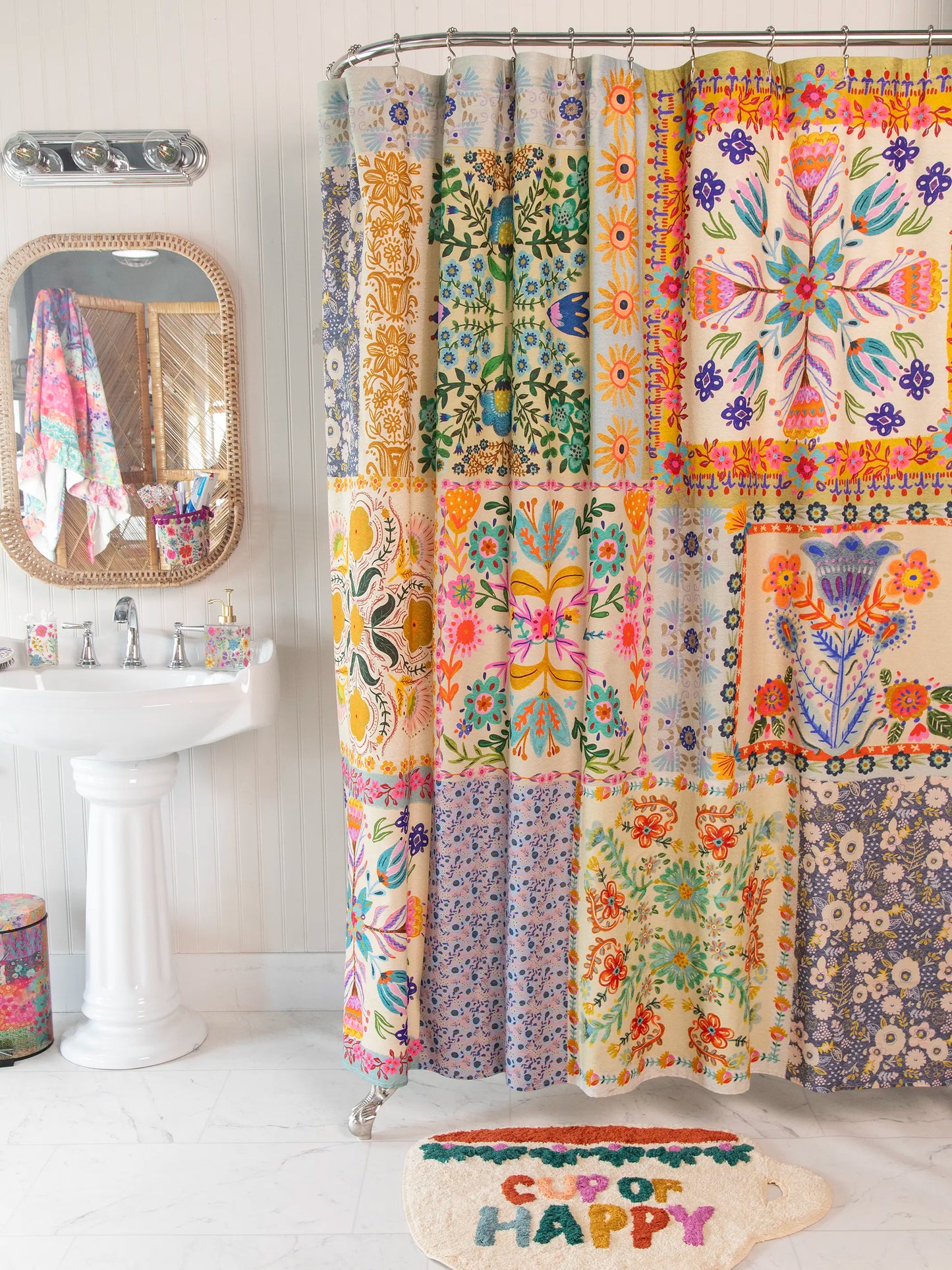 Boho Shower Curtain - Light Blue Grey Folk Flower