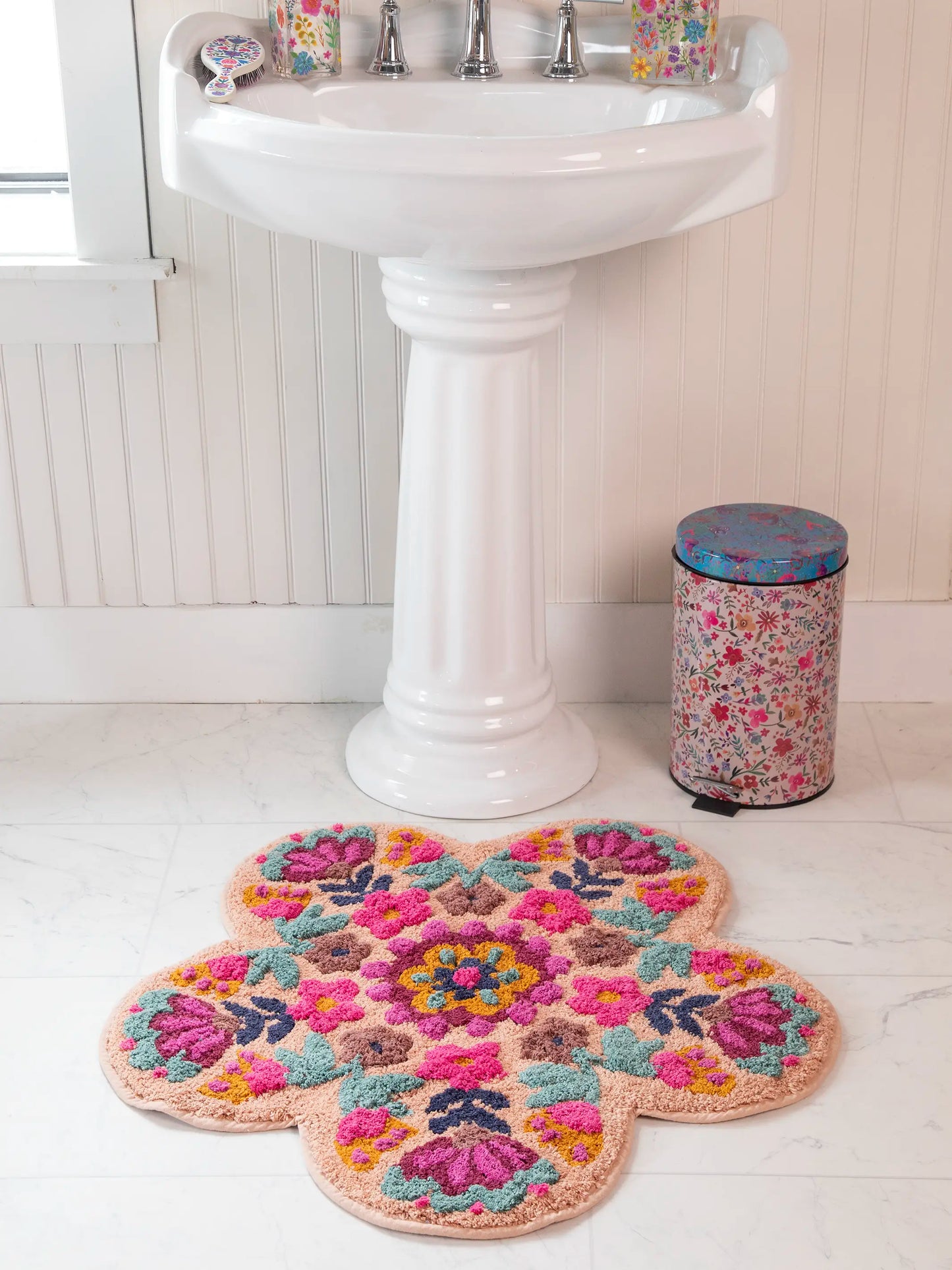 Tufted Cotton Bath Mat - Dusty Rose Flower