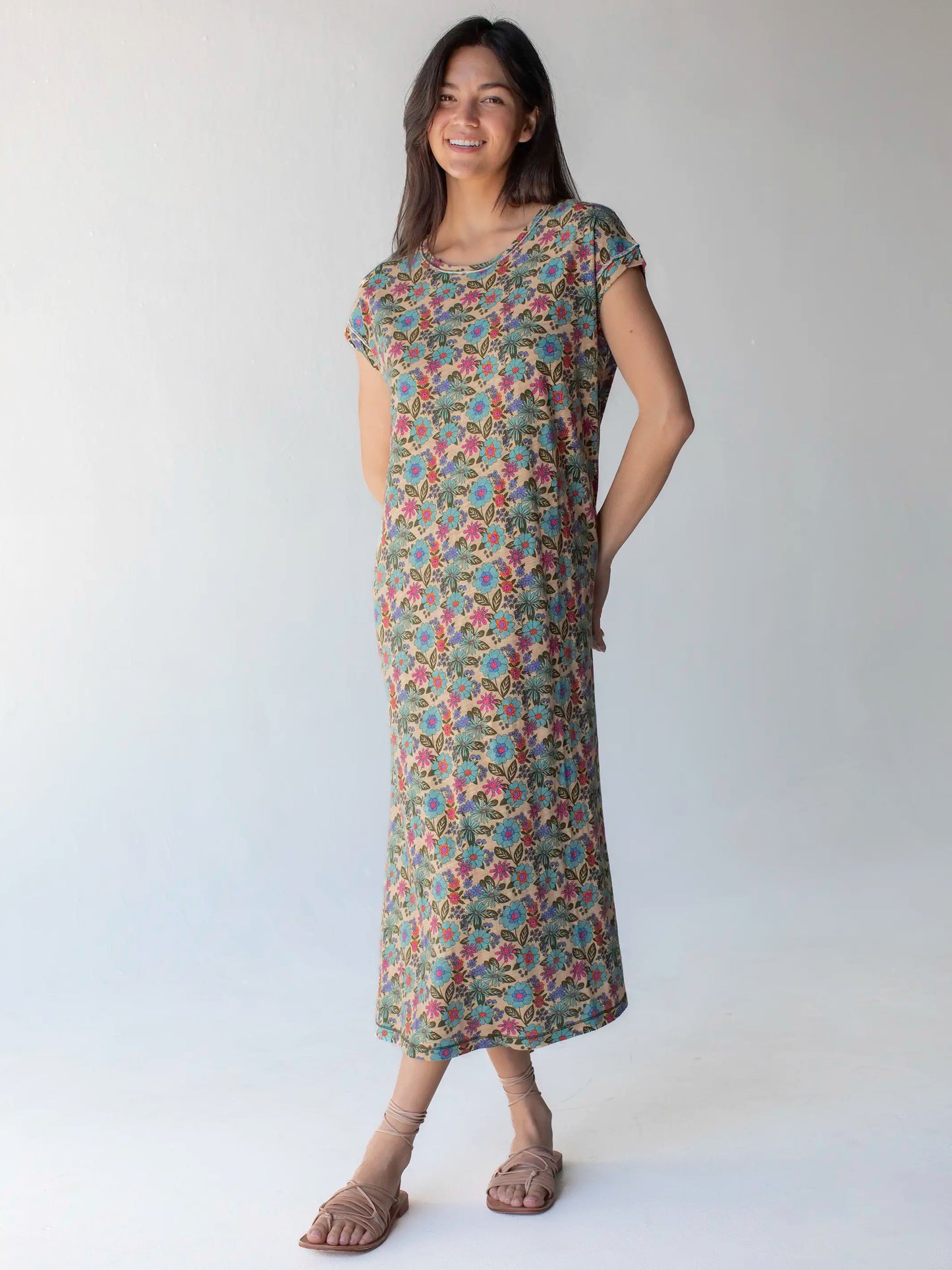 Frankie Knit Cotton Tee Midi Dress - Vintage Cream Floral