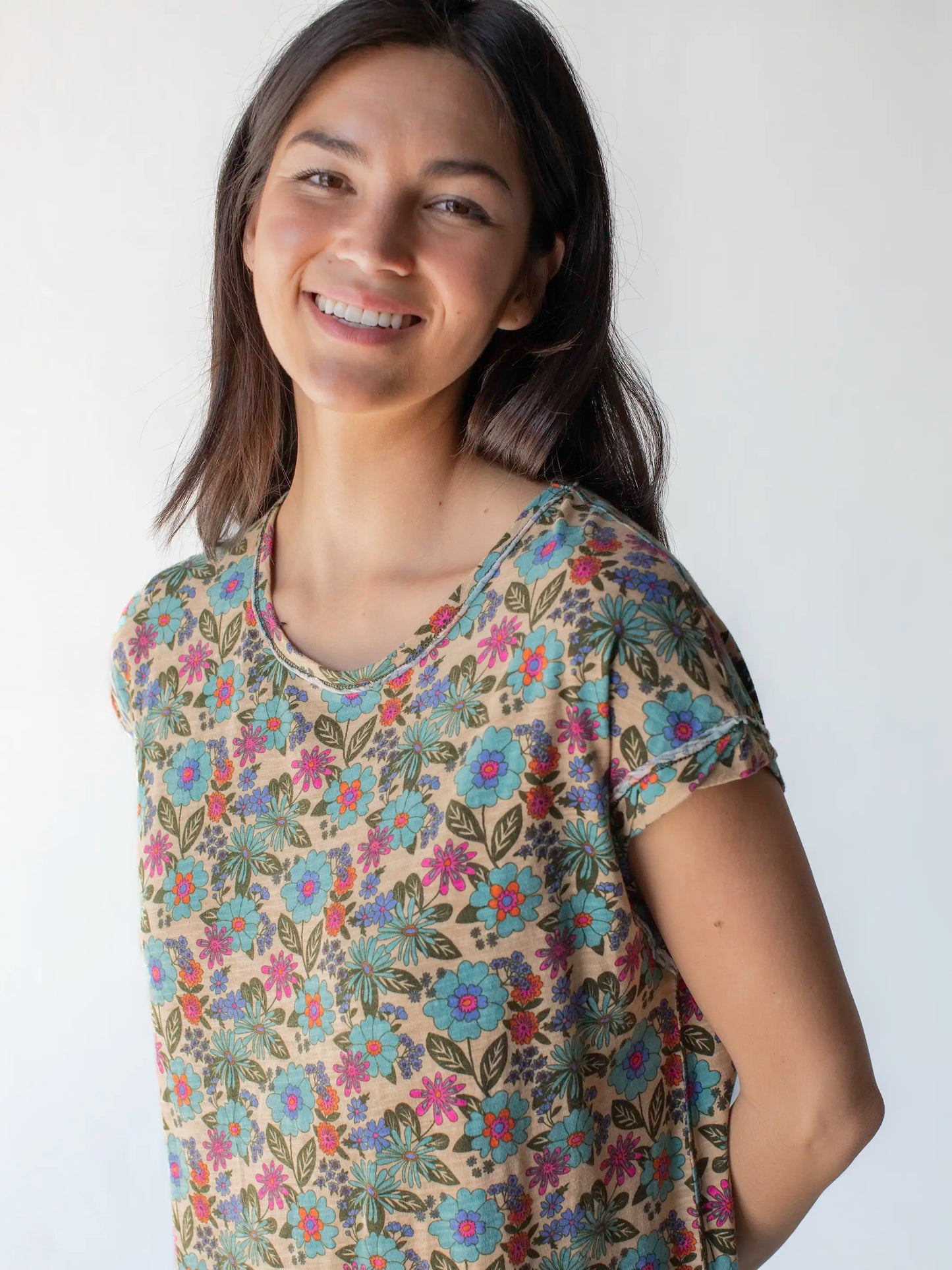 Frankie Knit Cotton Tee Midi Dress - Vintage Cream Floral