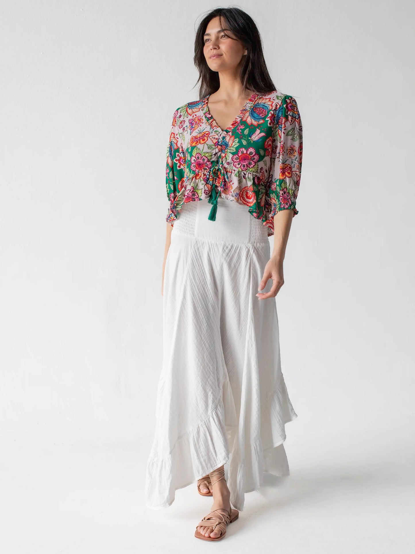 Elisa Ruffle Tie Top - Multicolored Flung Floral
