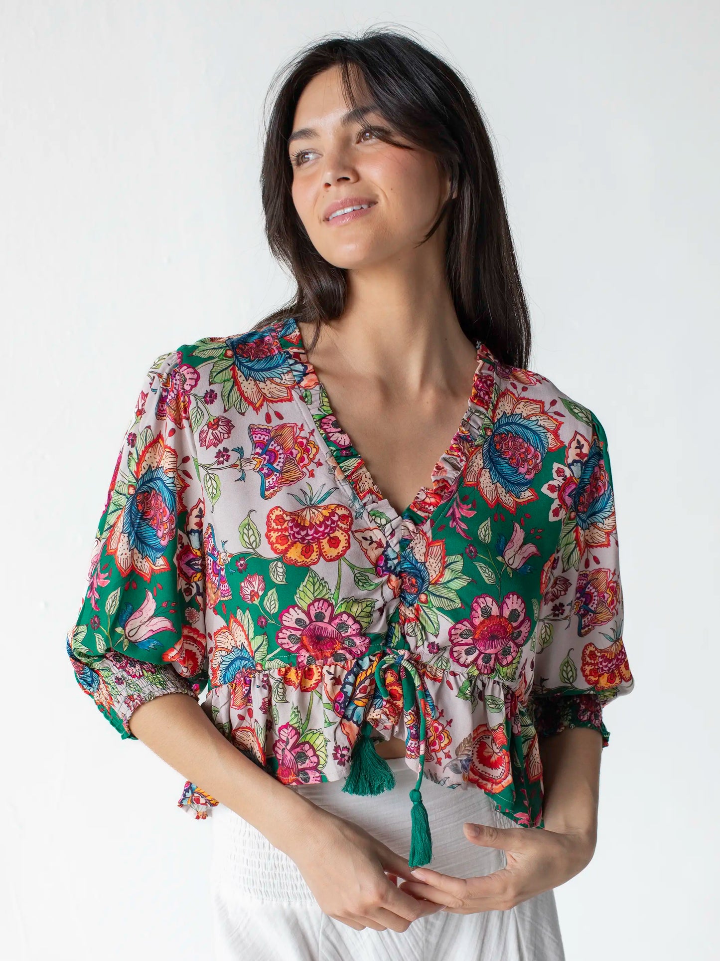 Elisa Ruffle Tie Top - Multicolored Flung Floral