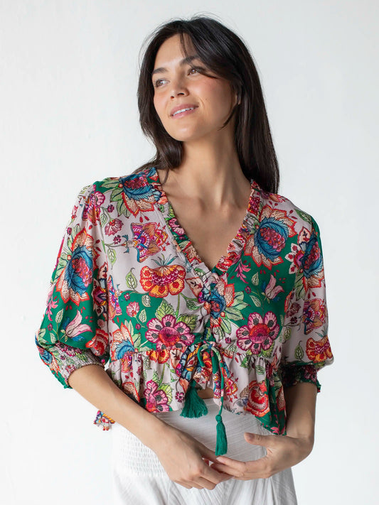 Elisa Ruffle Tie Top - Multicolored Flung Floral
