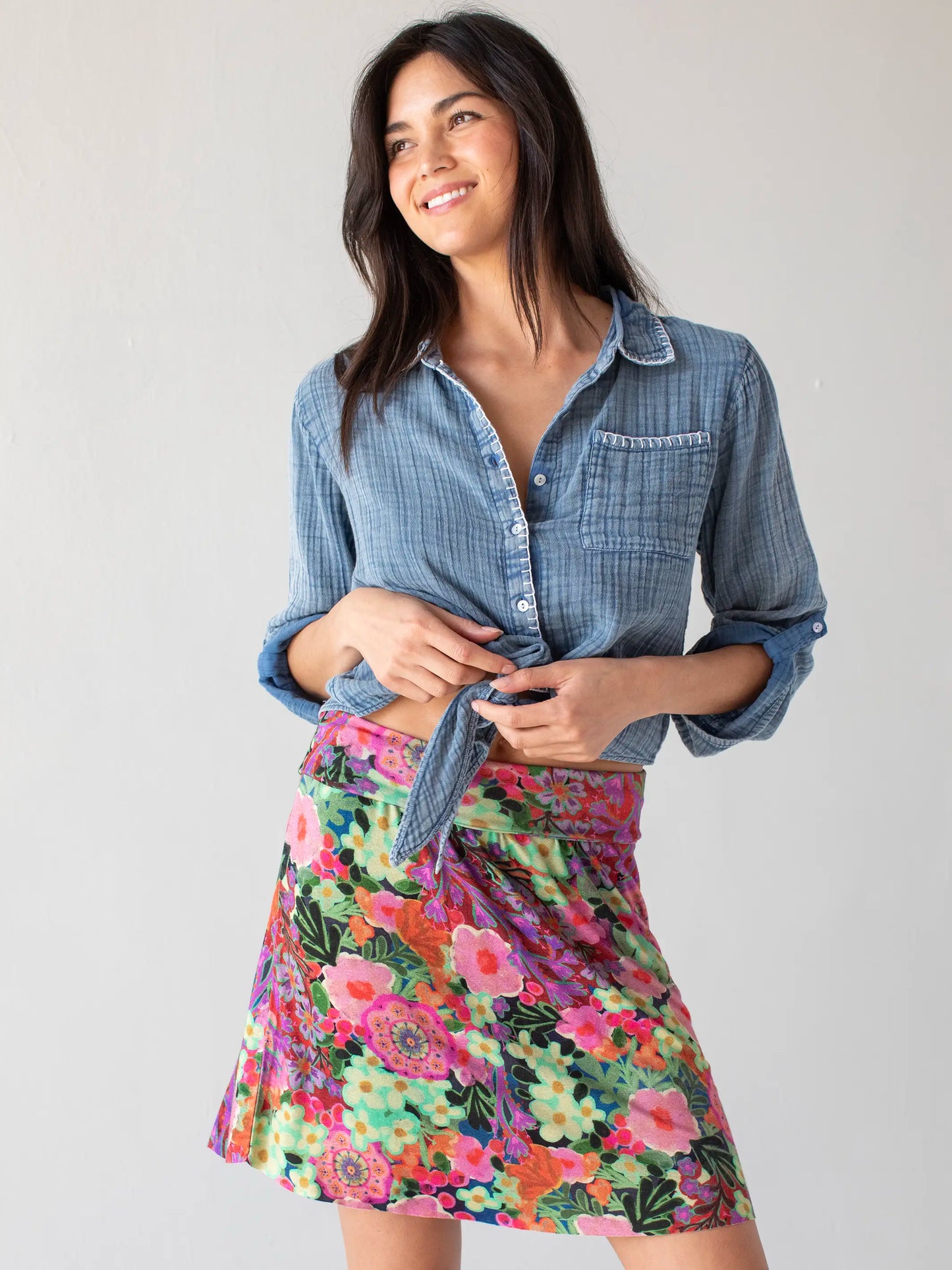 Live-In-It Knit "ButterSoft" Mini Skirt - Pink Painted Garden