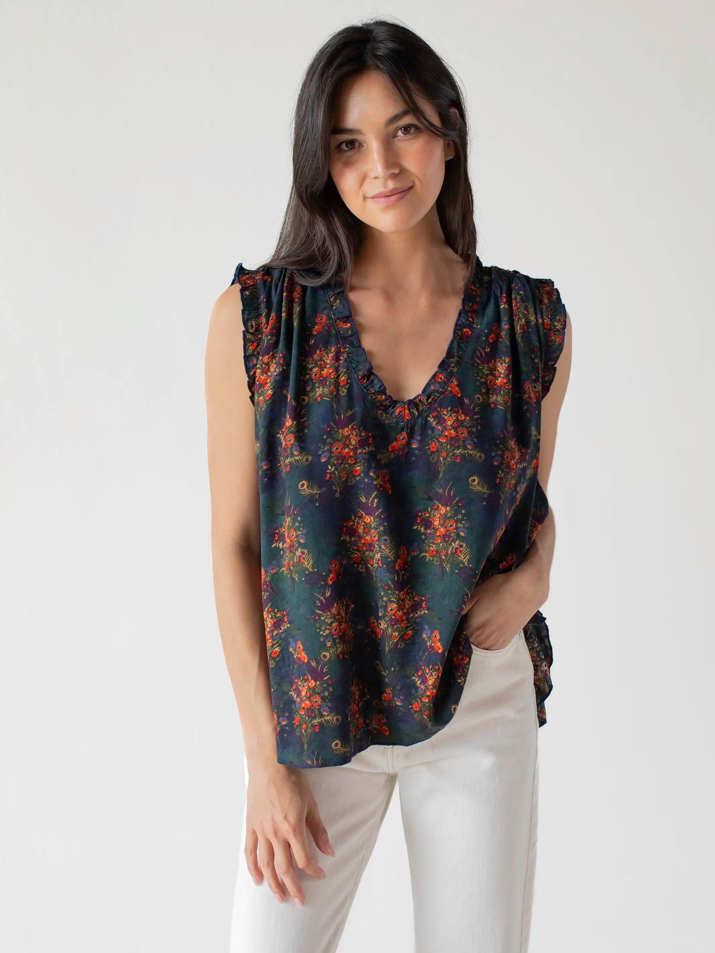 Ramona Sleeveless Top - Navy Red Feathers