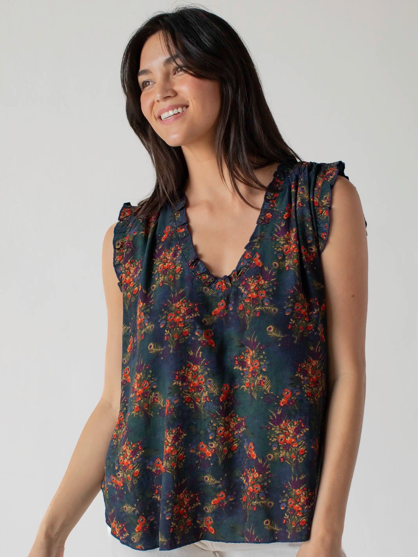 Ramona Sleeveless Top - Navy Red Feathers