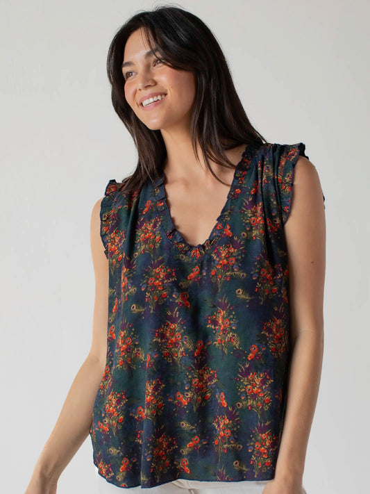 Ramona Sleeveless Top - Navy Red Feathers