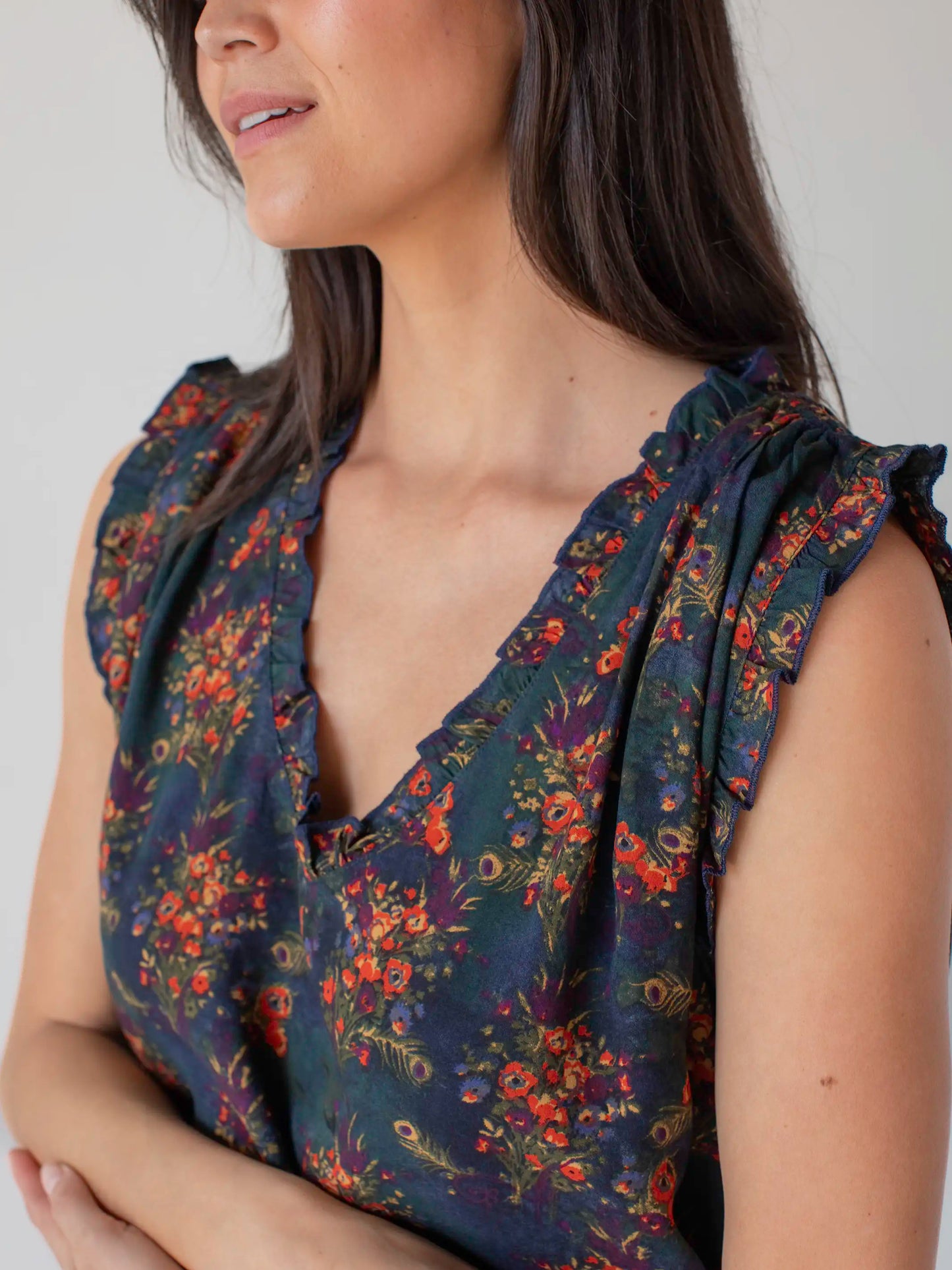 Ramona Sleeveless Top - Navy Red Feathers