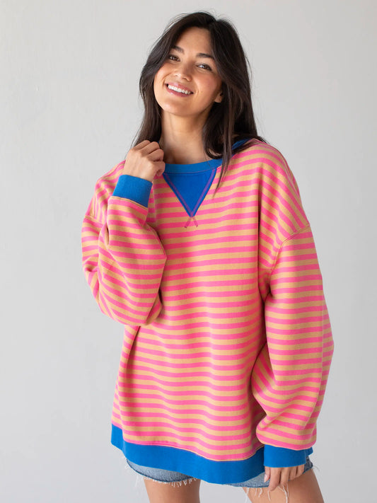 Oversized Striped Crewneck - Candy Pop