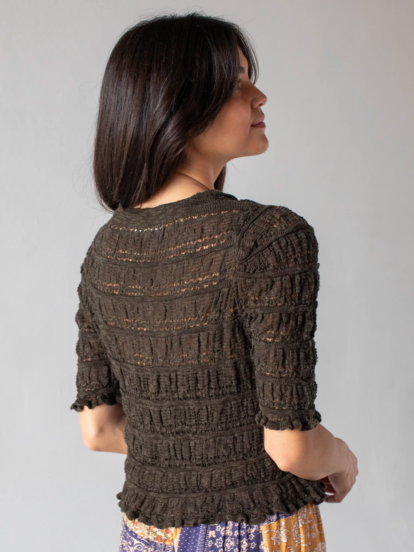 Juliet Short Sleeve Ruffle Sweater Top - Brown