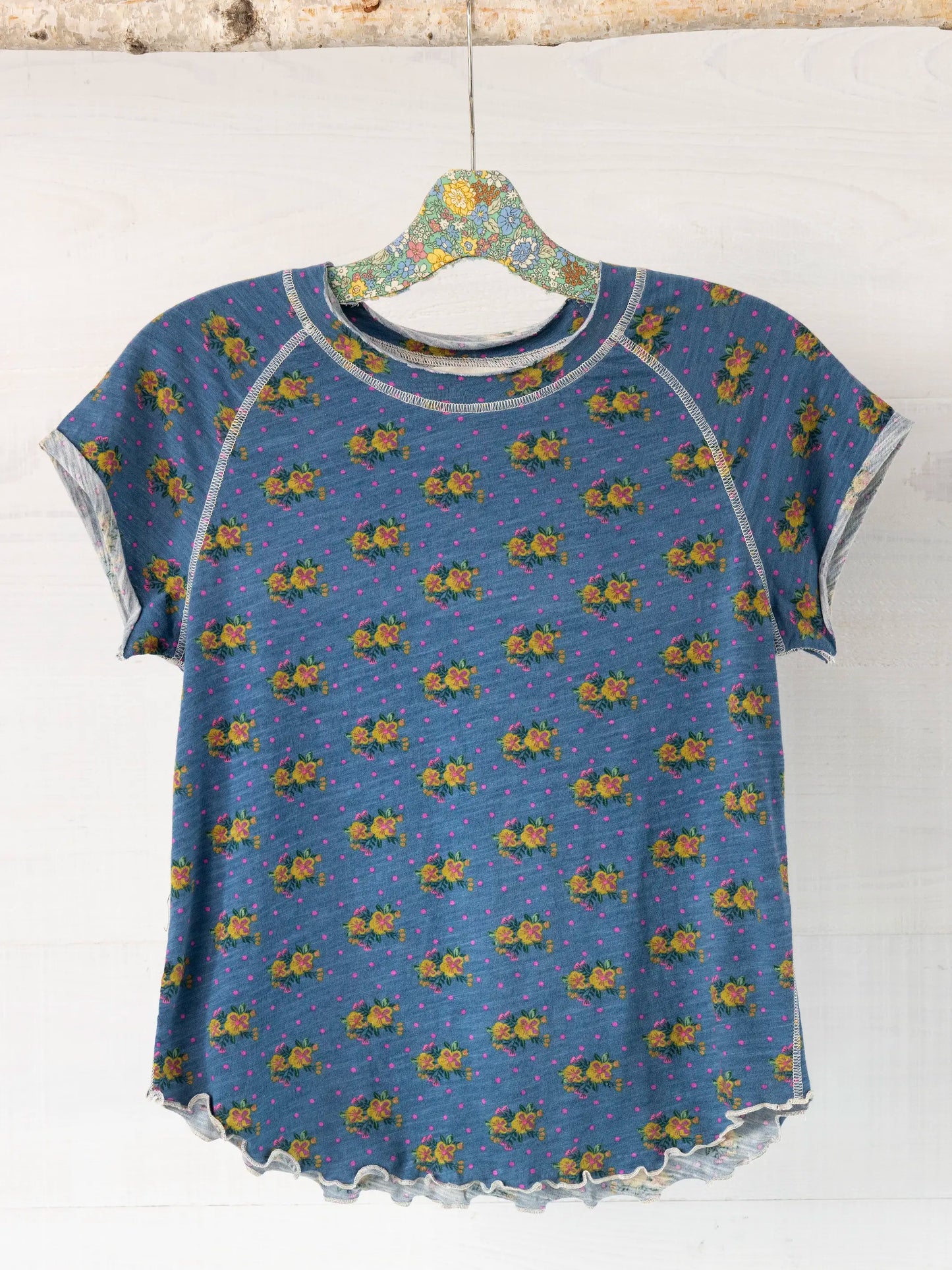 Lily Cotton Short Sleeve Tee Shirt - Blue Polka Dot Floral