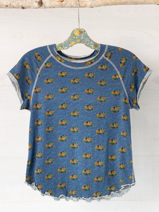Lily Cotton Short Sleeve Tee Shirt - Blue Polka Dot Floral