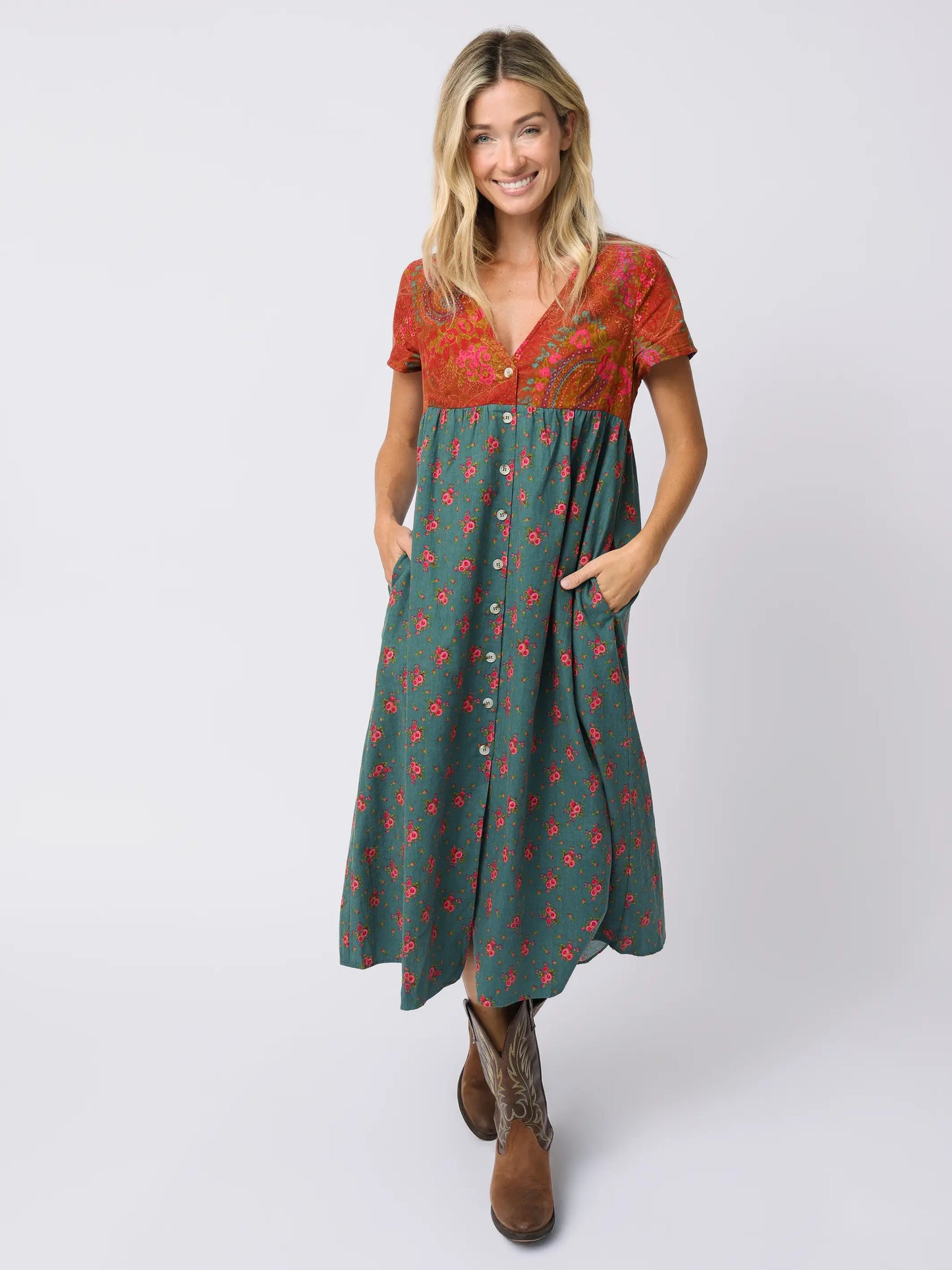 Avery Corduroy Midi Dress - Prairie Ditsy Teal