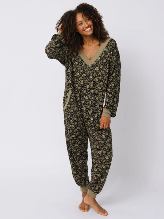 Johnnie Cotton Jumpsuit - Black Tan Daisies