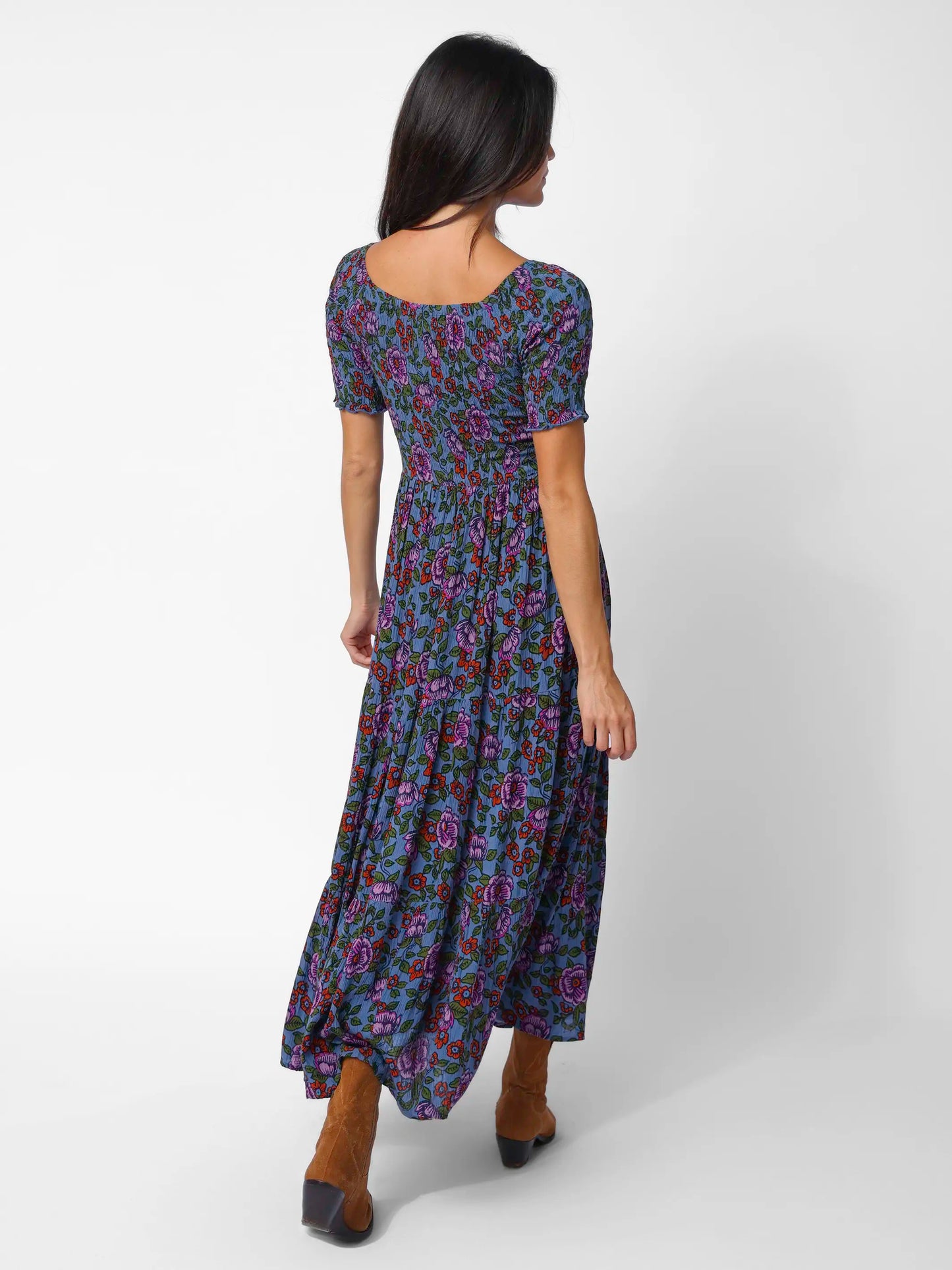 Daisy Tiered Maxi Dress - Woodcut Floral Blue