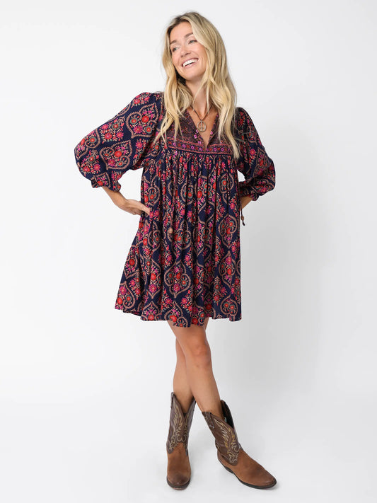 Rose Mini Dress - Indigo Willow Medallion