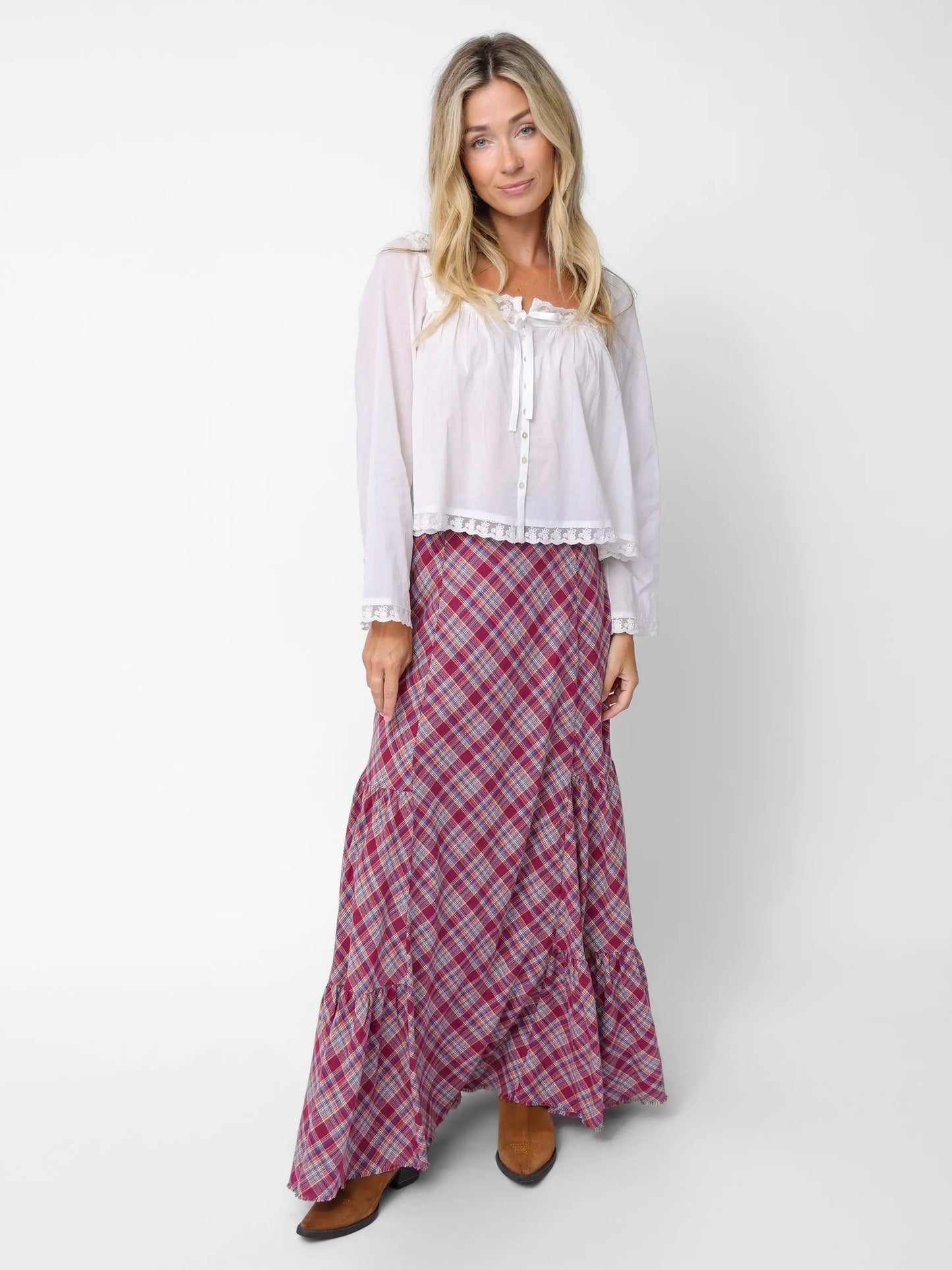 Dolly Cotton Flannel Maxi Skirt - Cranberry Blue Plaid