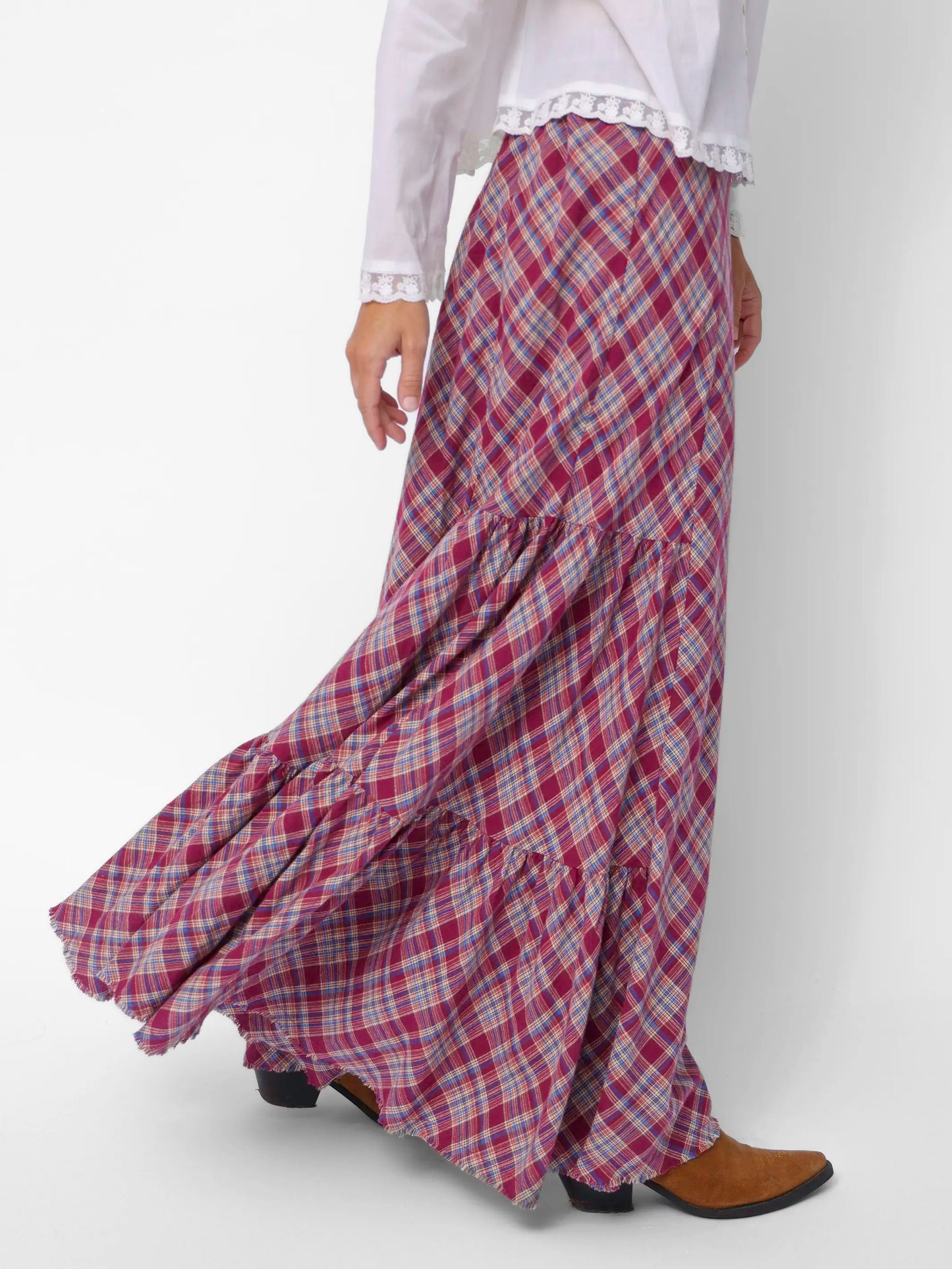 Dolly Cotton Flannel Maxi Skirt - Cranberry Blue Plaid