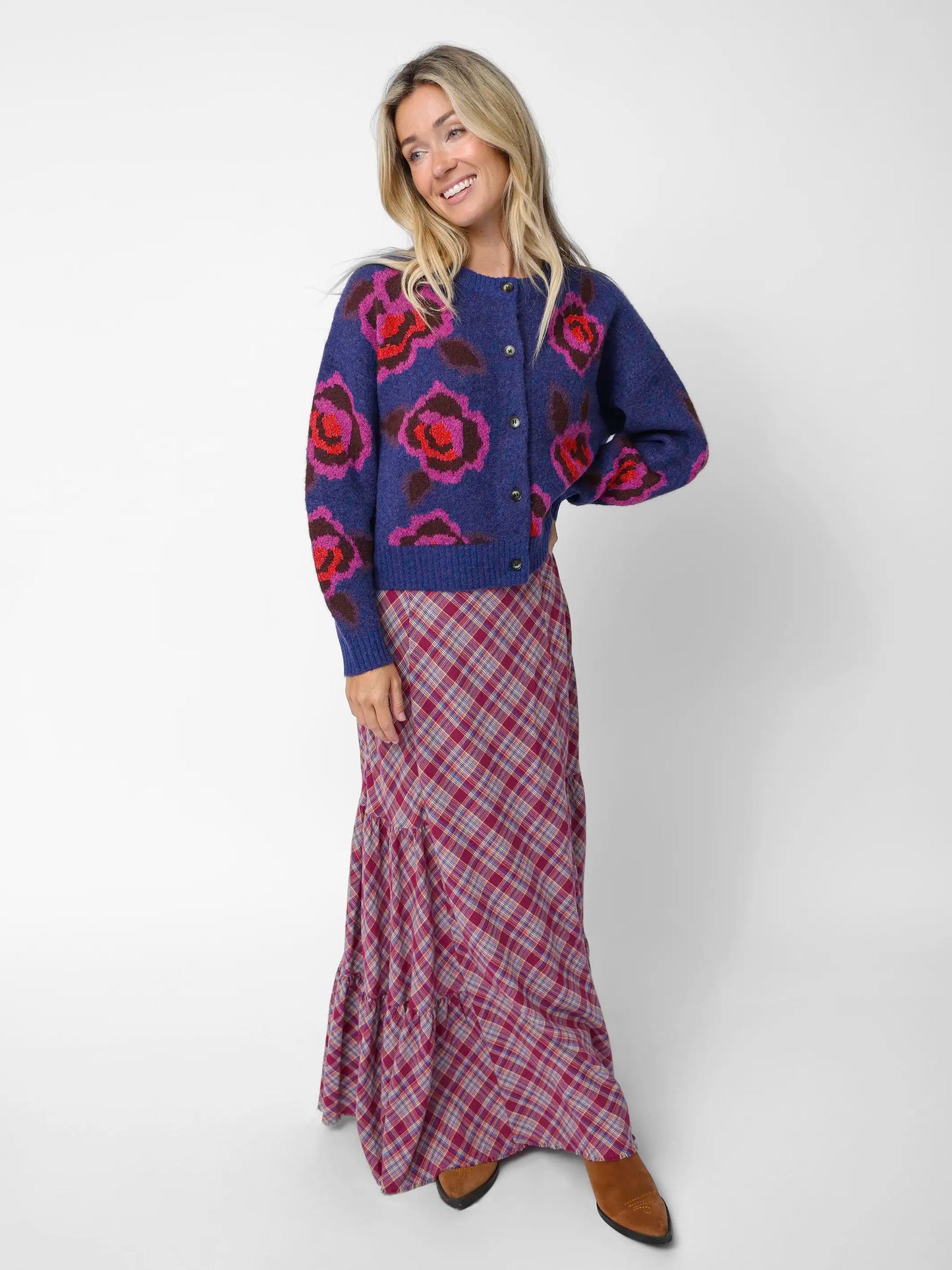 Dolly Cotton Flannel Maxi Skirt - Cranberry Blue Plaid