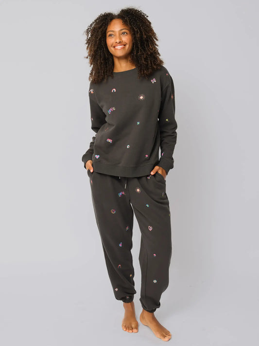 Fave Little Things Embroidered Jogger Pants - Charcoal Doodle