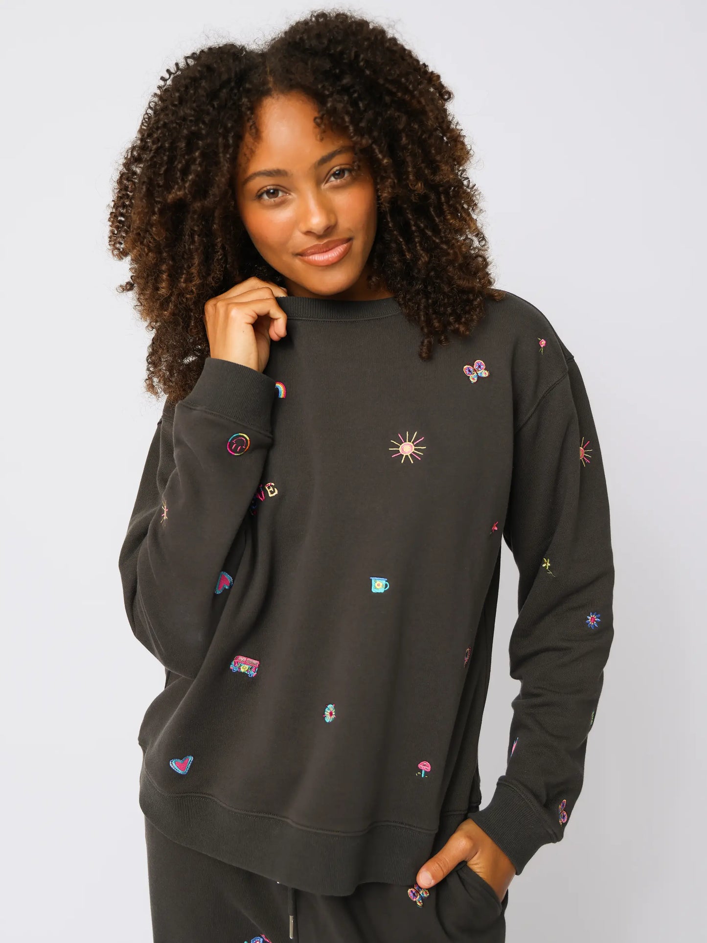 Fave Little Things Embroidered Sweatshirt - Charcoal Doodle