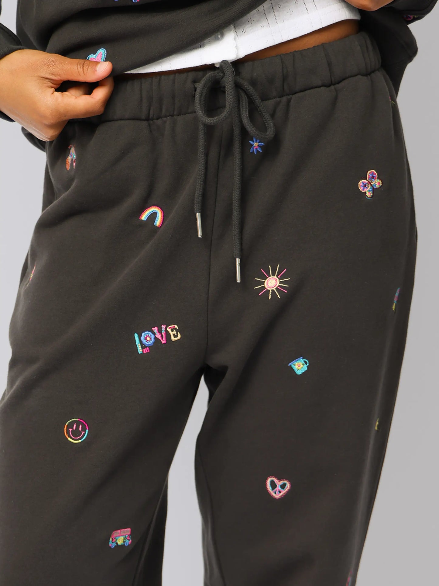 Fave Little Things Embroidered Jogger Pants - Charcoal Doodle