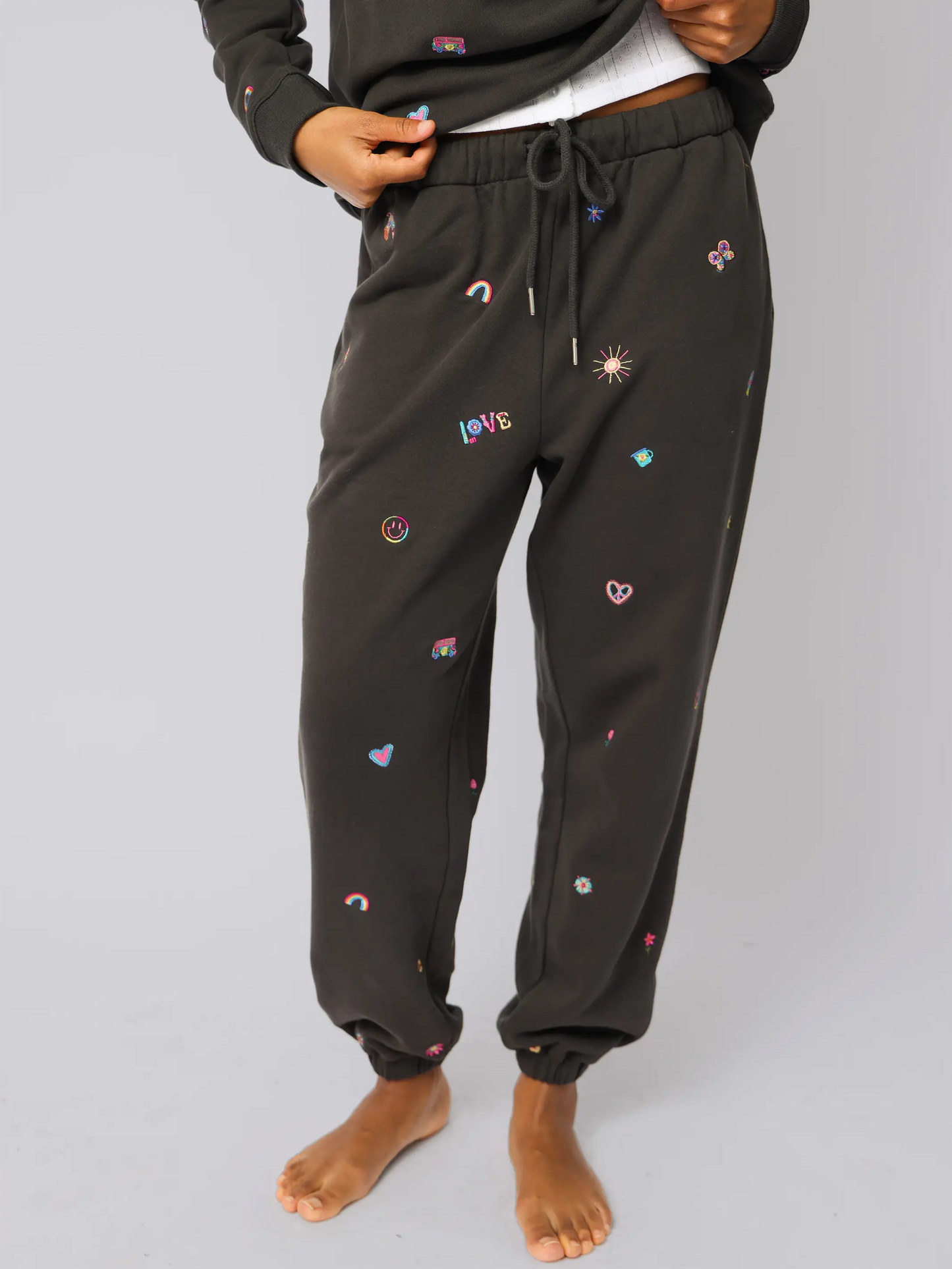 Fave Little Things Embroidered Jogger Pants - Charcoal Doodle