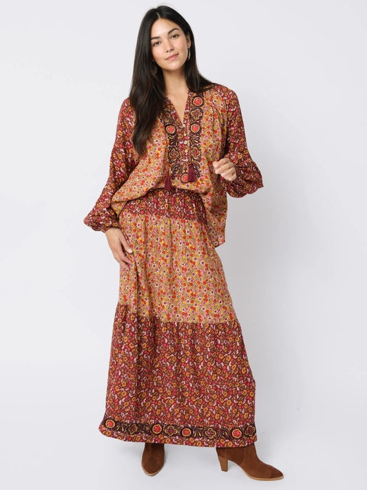 Camille Embroidered Maxi Skirt - Stemmed Daisies Wine