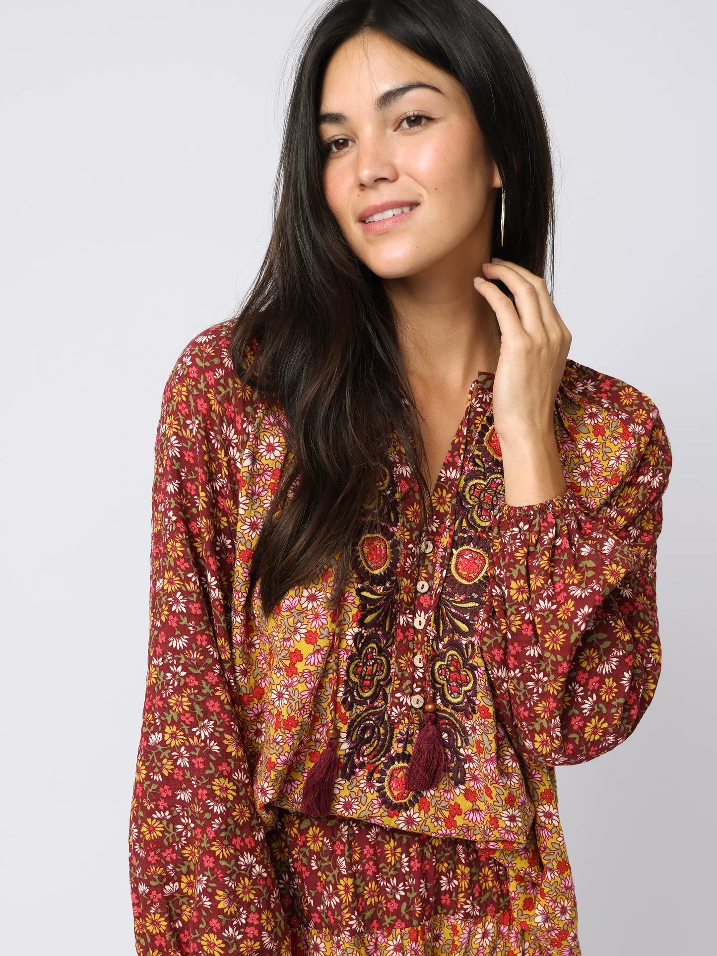 Camille Embroidered Top - Stemmed Daisies Wine