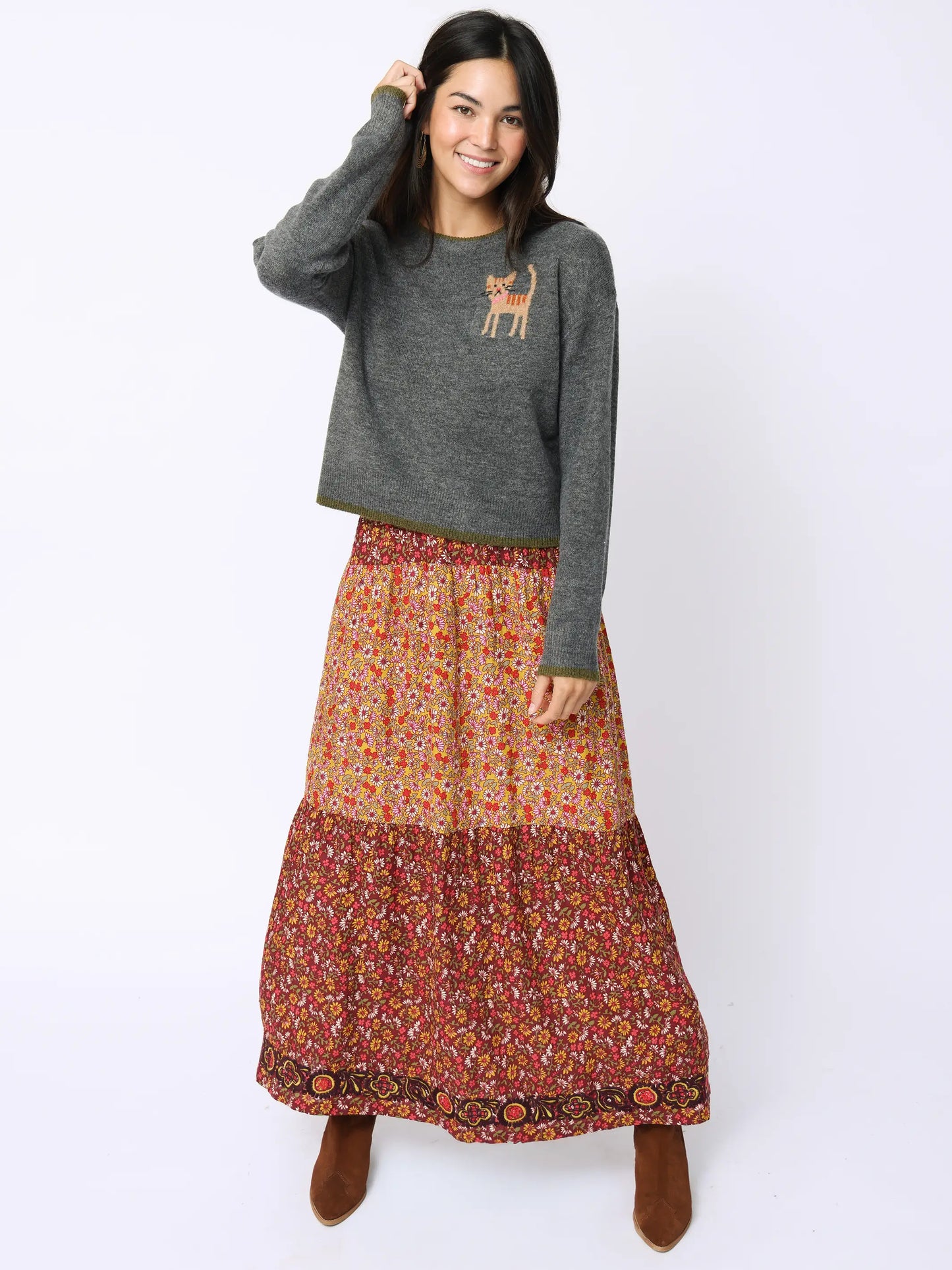 Camille Embroidered Maxi Skirt - Stemmed Daisies Wine